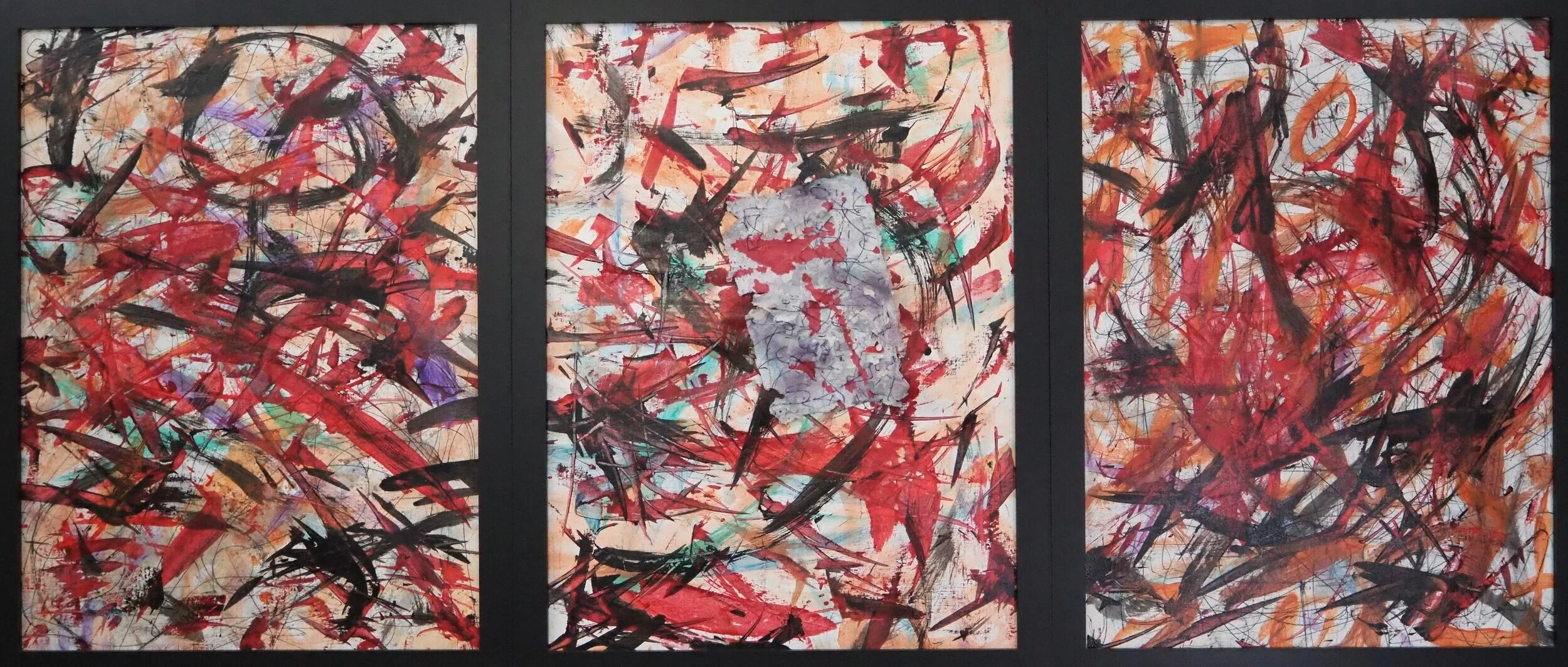 "Now Comes a Reckoning" (triptych), acrylics, graphite, and handmade paper on drawing paper (246#), three18"x24" panels, January of 2021; for a suggested payment amount of $300