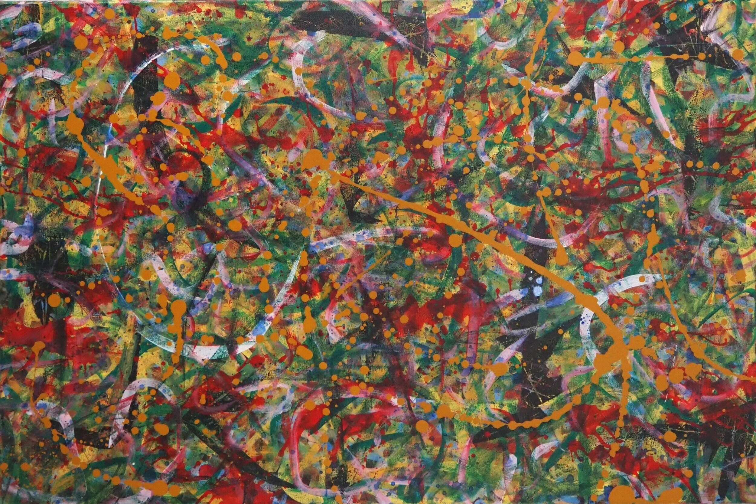 "Round Holly & Ivy", acrylics on canvas, 36"x24", December of 2020; for a suggested payment amount of $250