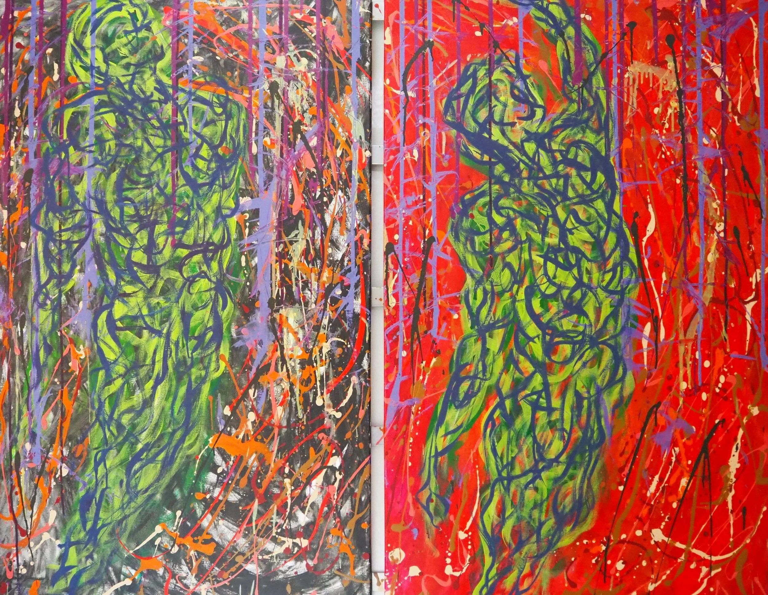"Superhero Spirits (Rupe & Scott)", two attached, 30"x48" stretched canvases, acrylics painted simultaneously, November of 2021; for a suggested purchase amount of $600