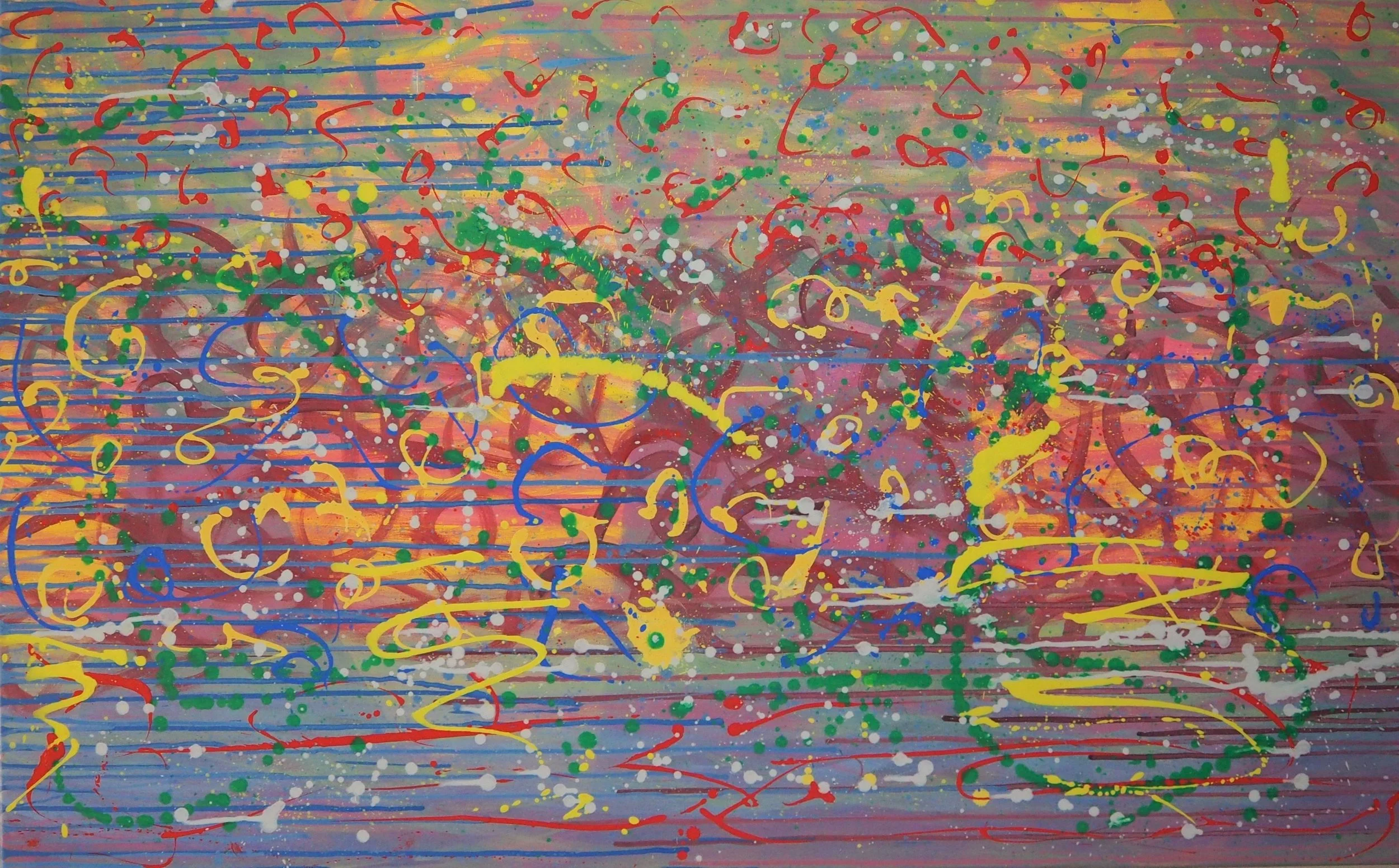 "Joyous Play, Watchful Skies", oils over acrylics on canvas, 48"x30". completed June of 2023; for a suggested purchase amount of $750