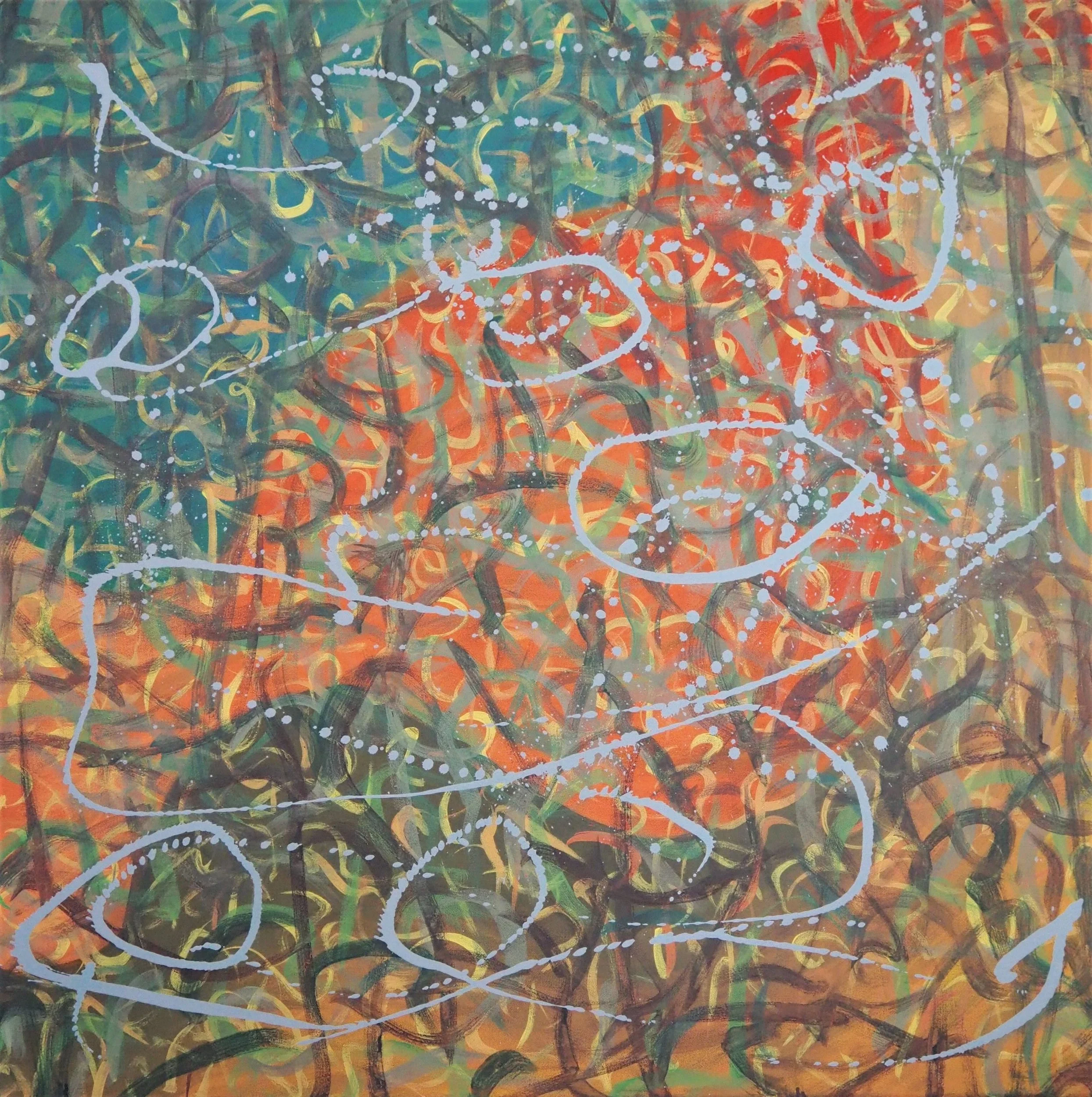 "The Ripening", oils over acrylics on canvas, 36"x36". completed May of 2023; for a suggested purchase amount of $725