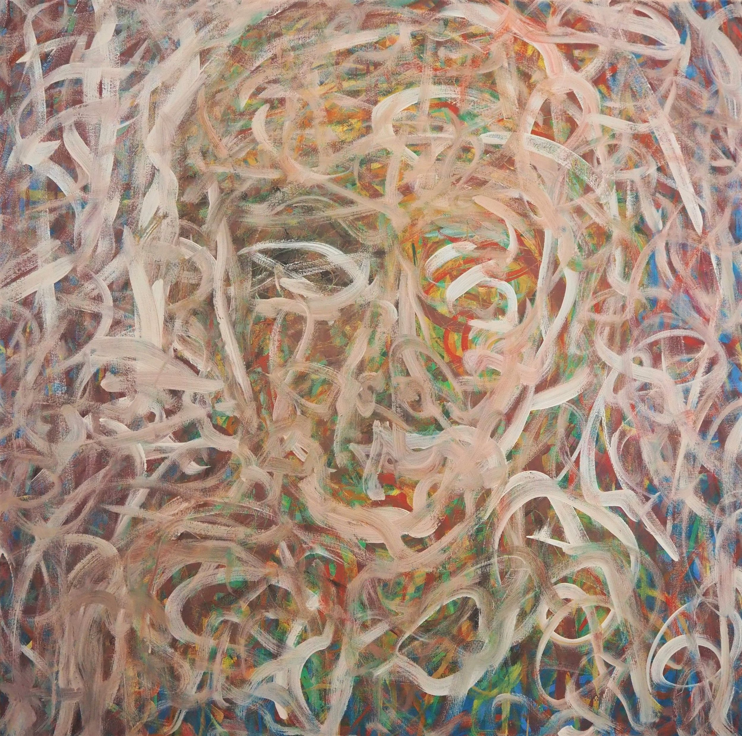 "Moimephisto", oils atop acrylics on canvas, 36"x36", completed April of 2023; for a suggested purchase amount of $350