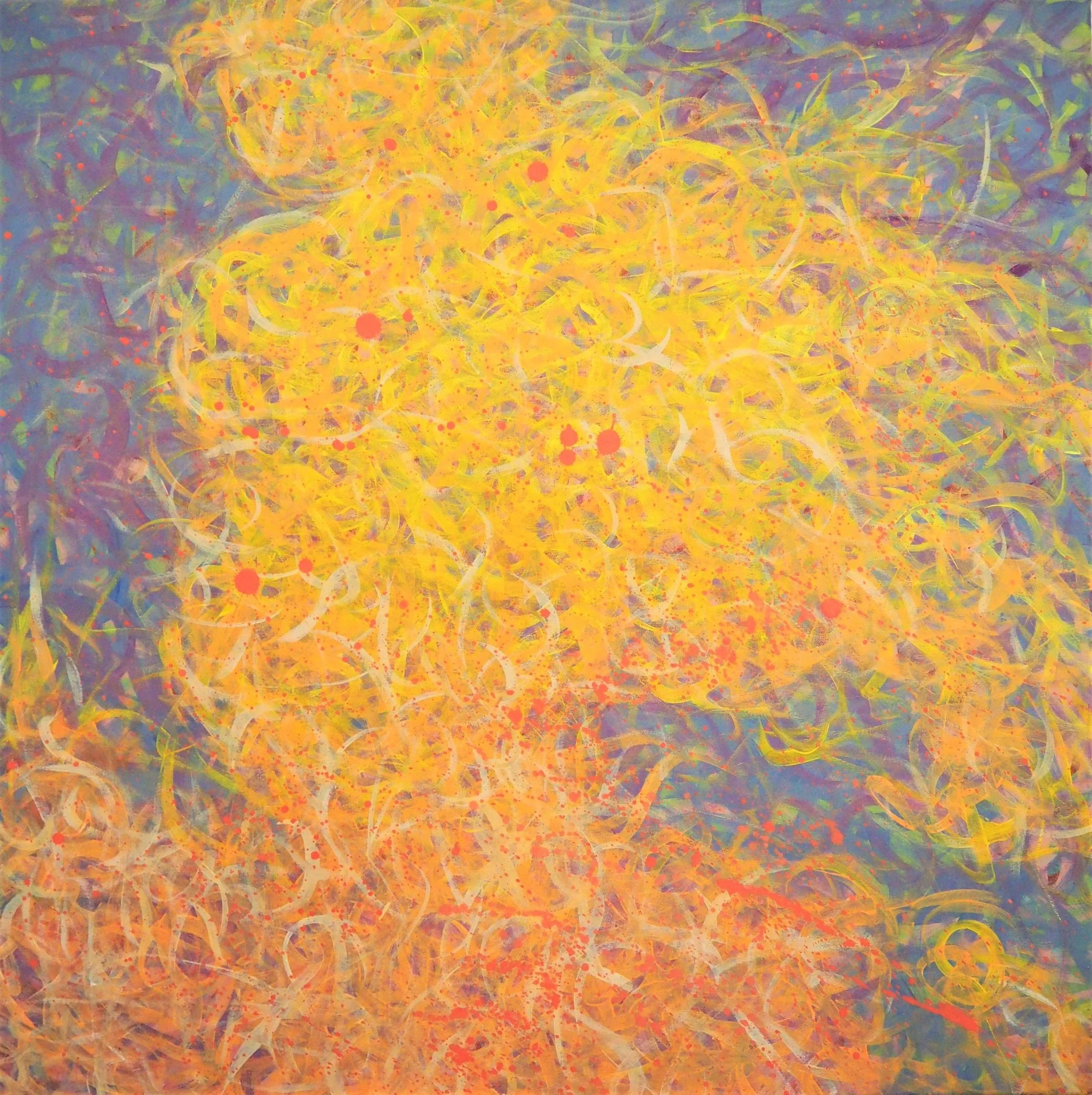 "Herald", oils atop acrylics on canvas, 36"x36", completed April of 2023; for a suggested purchase amount of $350