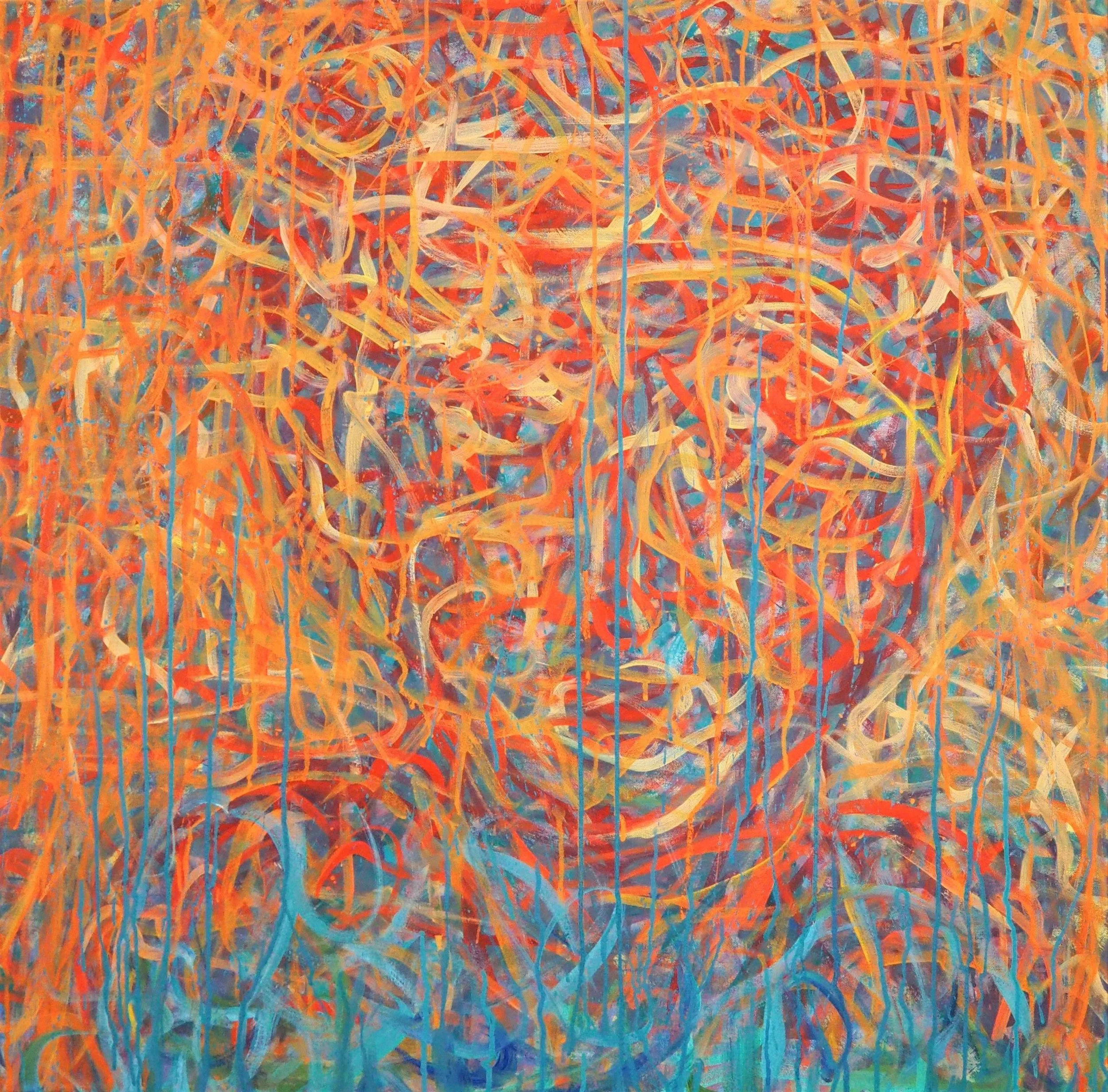 "Anyone's Child Our Own, Anyone Ourselves", oils atop acrylics on canvas, 36"x36", completed May of 2023; for a suggested purchase amount of $350
