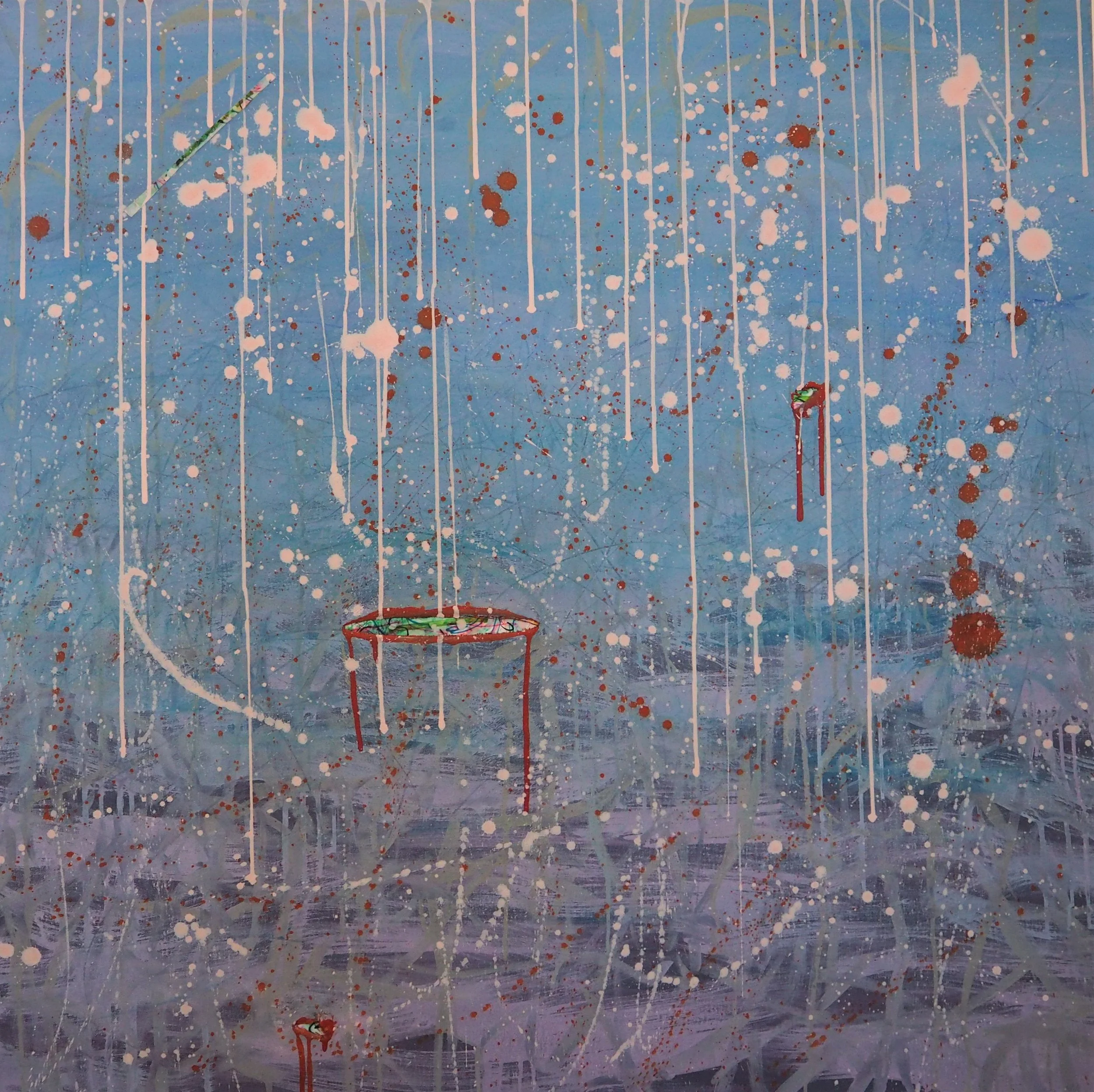 "Voyagers", oils over acrylics on canvas with insets of ink marker pen on paper (sealed), 36"x36". completed January of 2023; not available