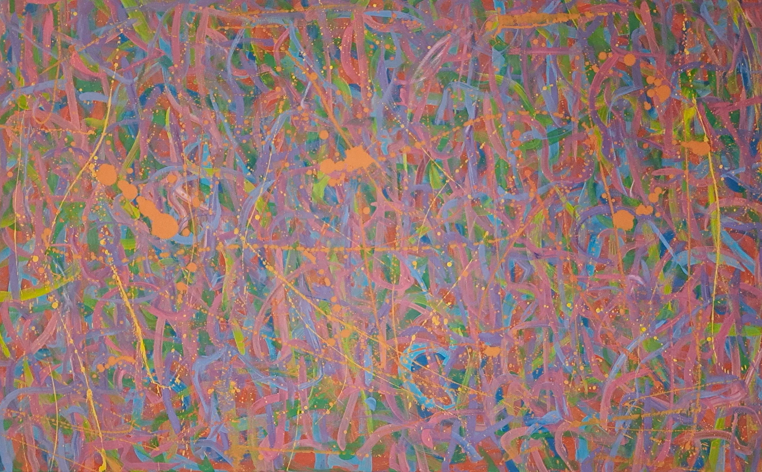"Dragonfly Dance", 30"x48", oils atop acrylics, completed August of 2025, for a suggested purchase amount of $800