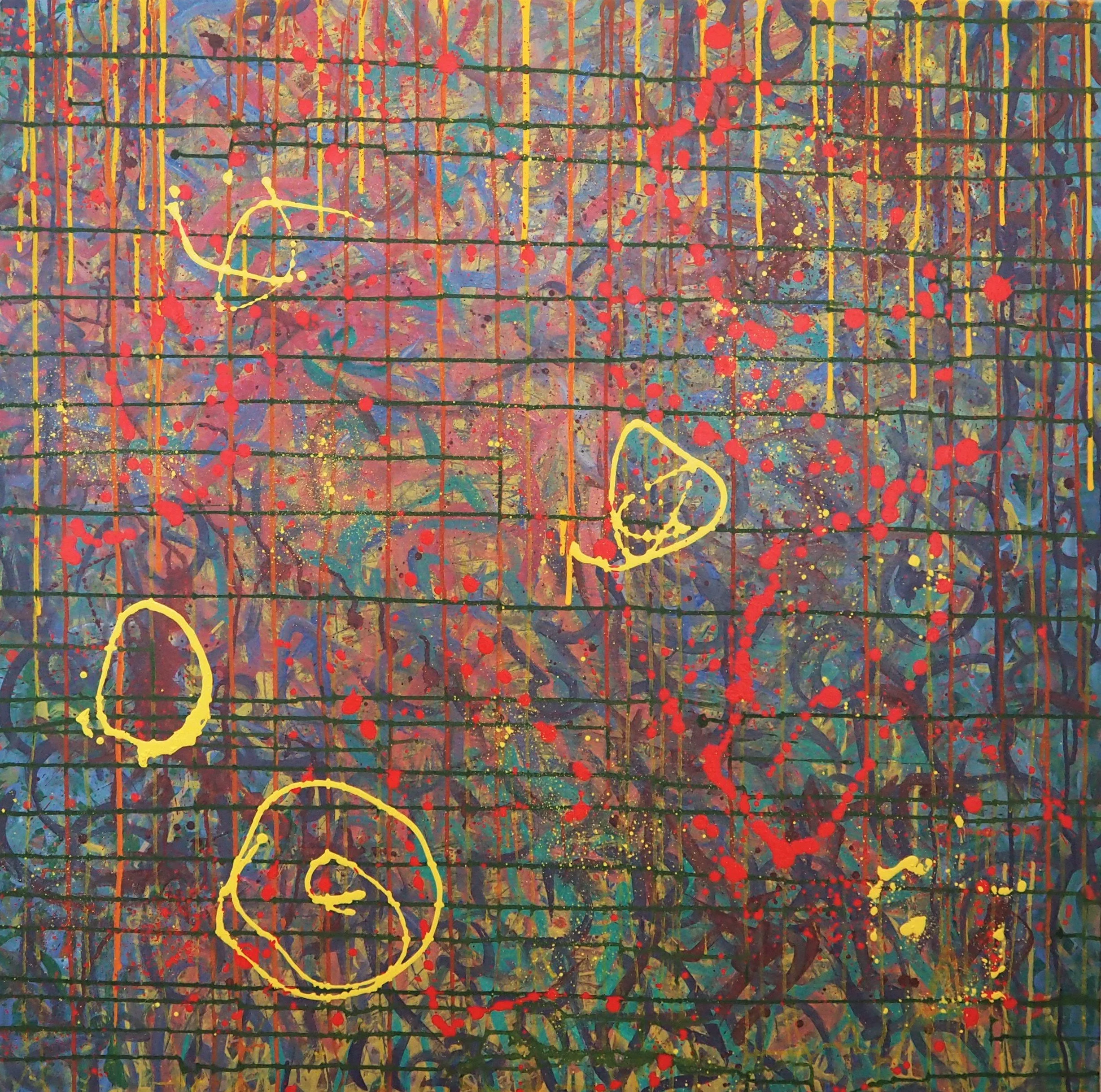 "Memories Held at Dusk", oils over acrylics on canvas, 36"x36". completed August of 2022; for a suggested purchase amount of $675