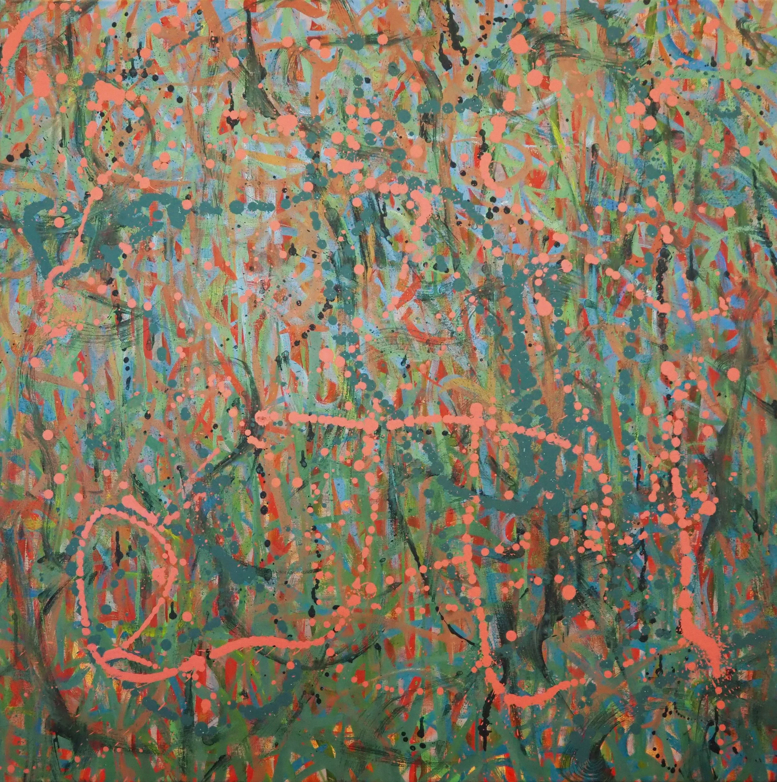 "Harvesting My Delerium Patch", 36"x36", oils atop acrylics, completed September of 2023, for a suggested purchase amount of $675