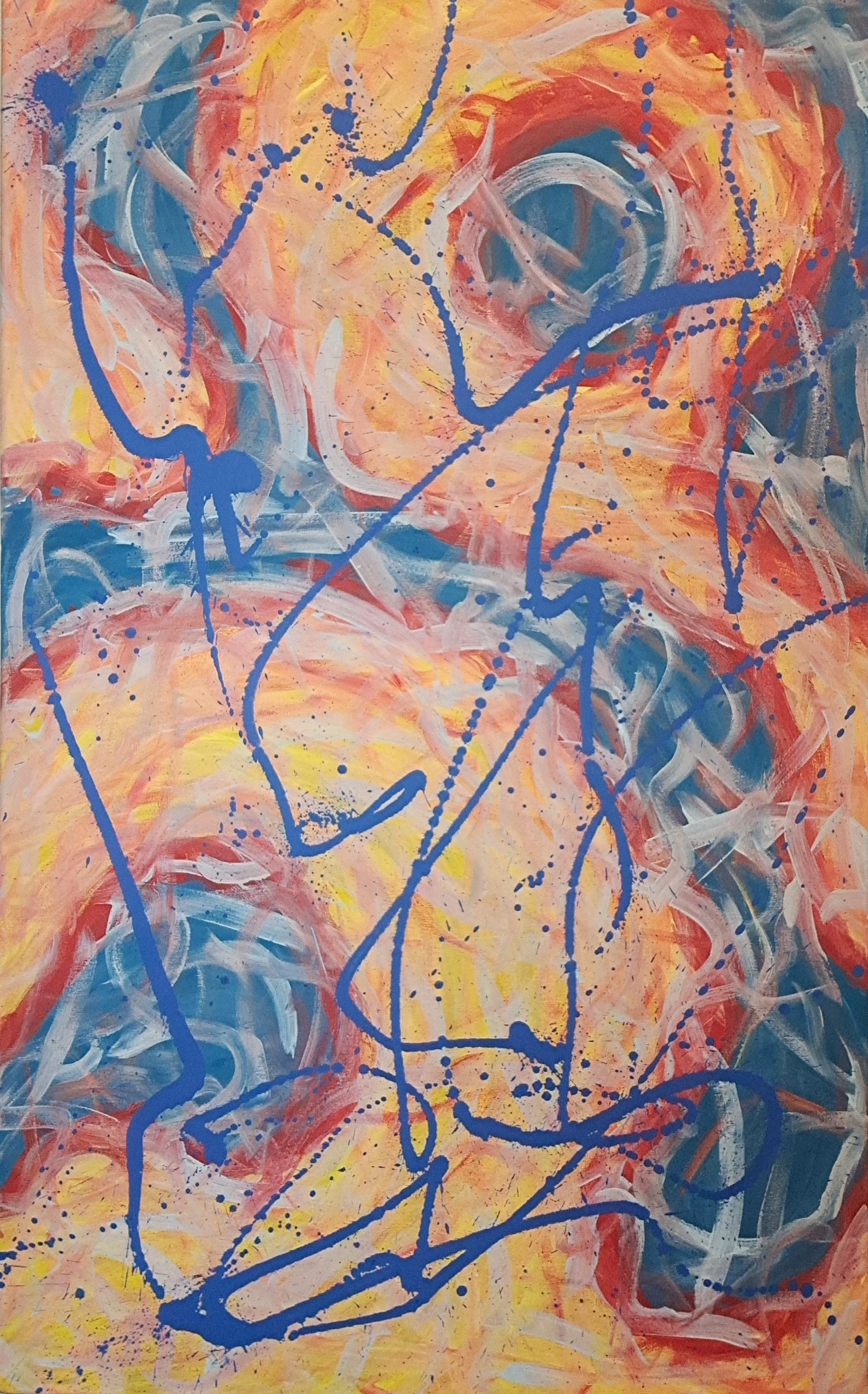 "Mayhem", 48"x30", oils atop acrylics, completed July of 2025, for a suggested purchase amount of $800