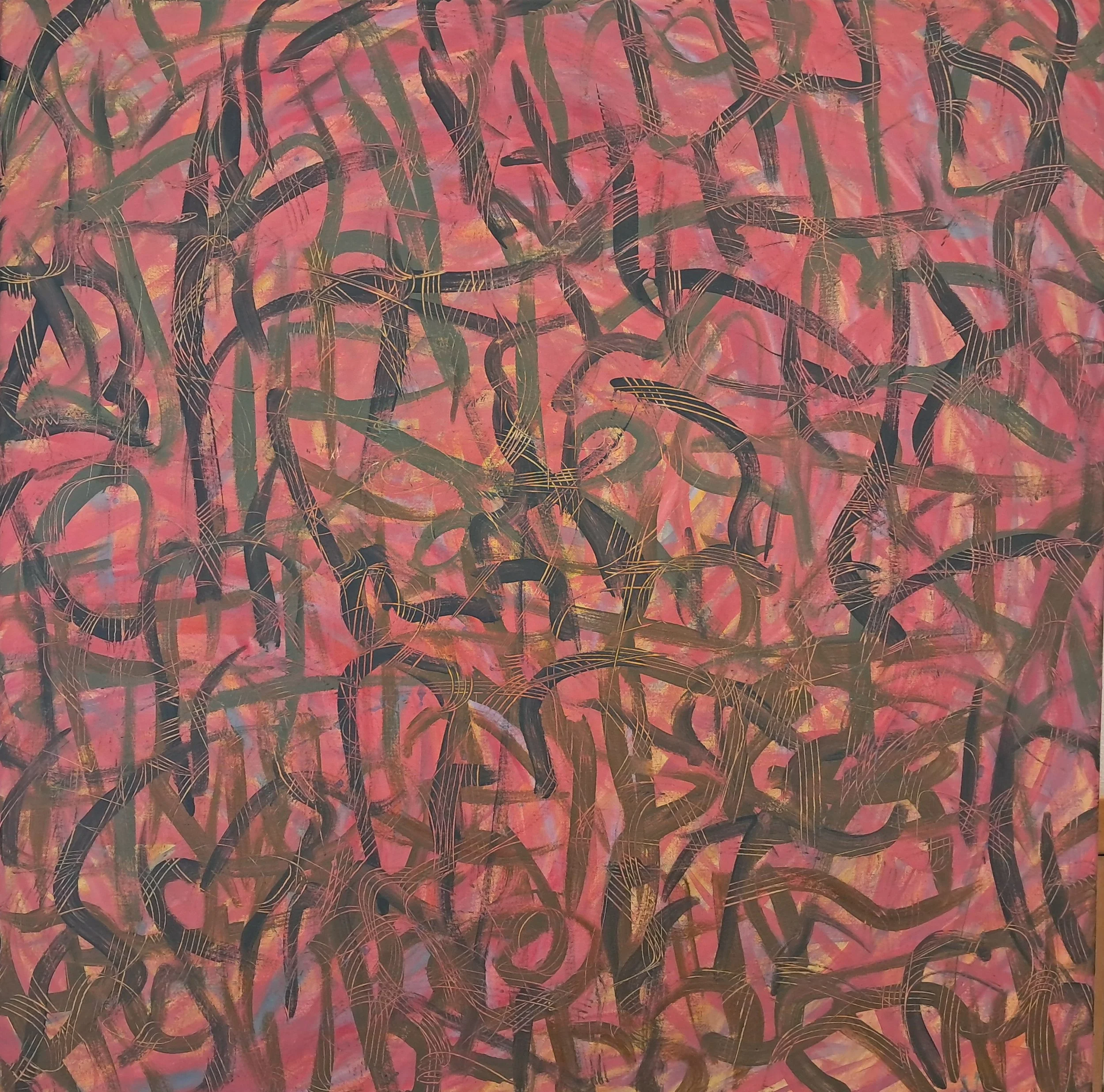 "Pleaching an Arbor", 36"x36", oils atop acrylics, completed July of 2024, for a suggested purchase amount of $675