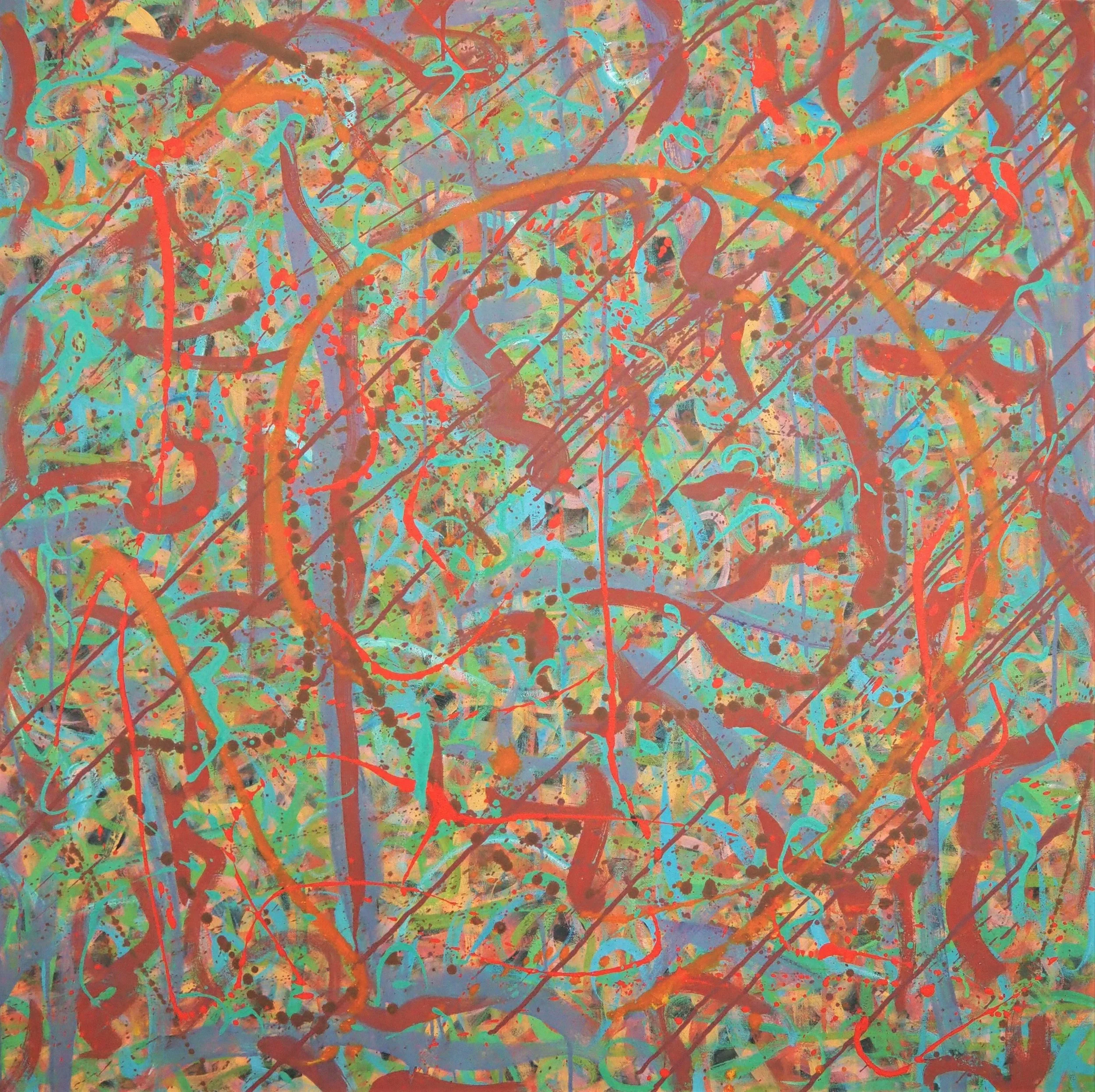 "Tourmaline Shield", oils over acrylics on canvas, 36"x36". completed March of 2023; for a suggested purchase amount of $675