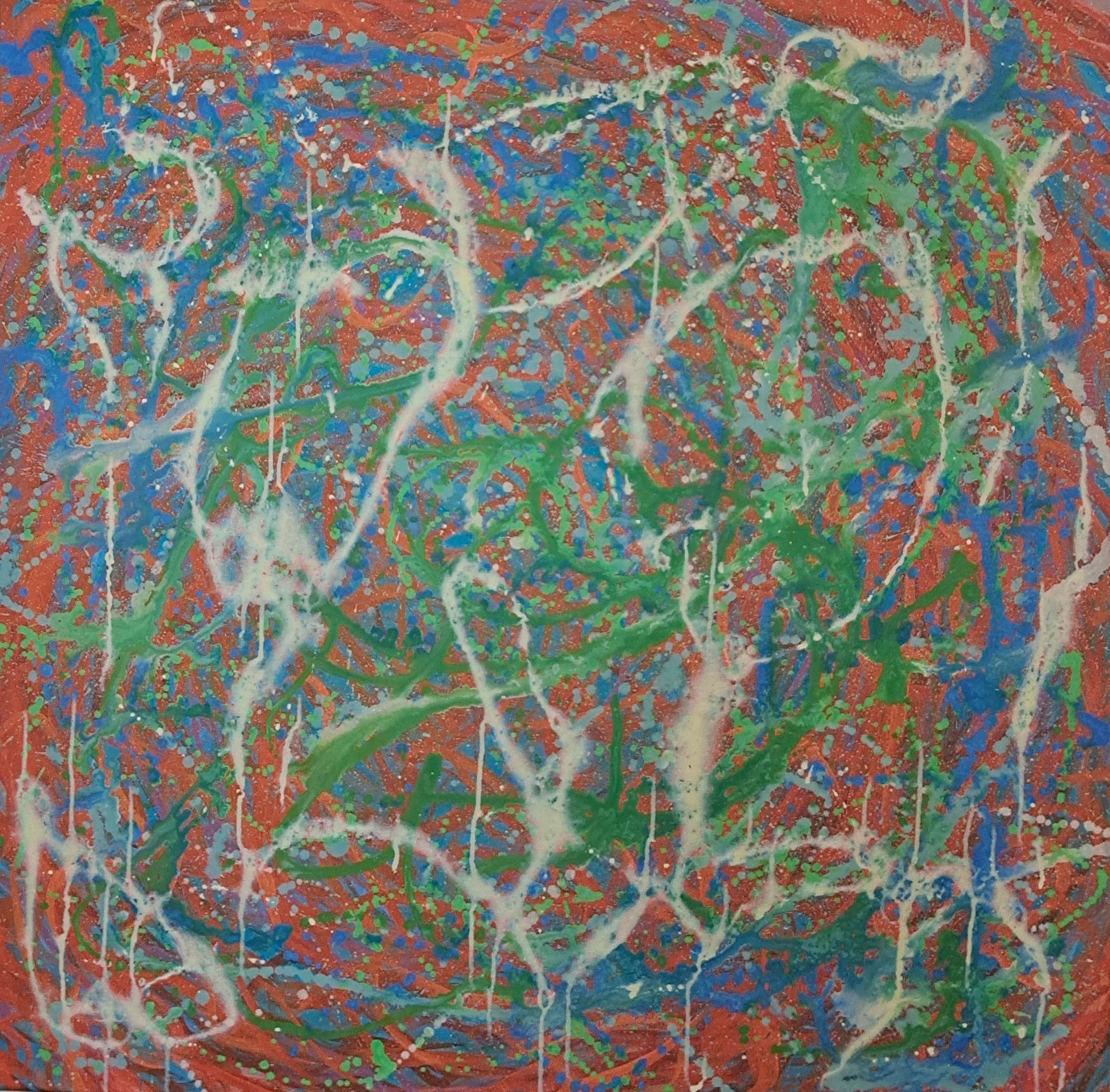 "Cauldron", 36"x36", oils atop acrylics, completed April of 2025, for a suggested purchase amount of $550