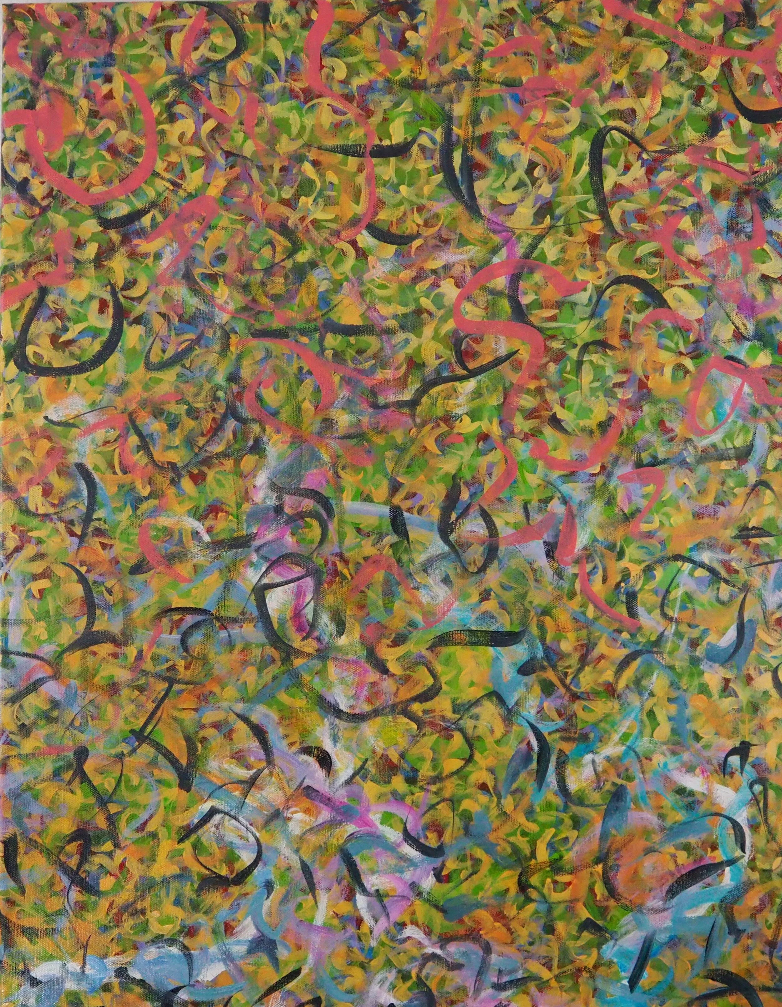 "Discovery Down Blossom Creek" -- 22"x28", acrylics on stretched canvas, July of 2020; for a suggested payment amount of $200