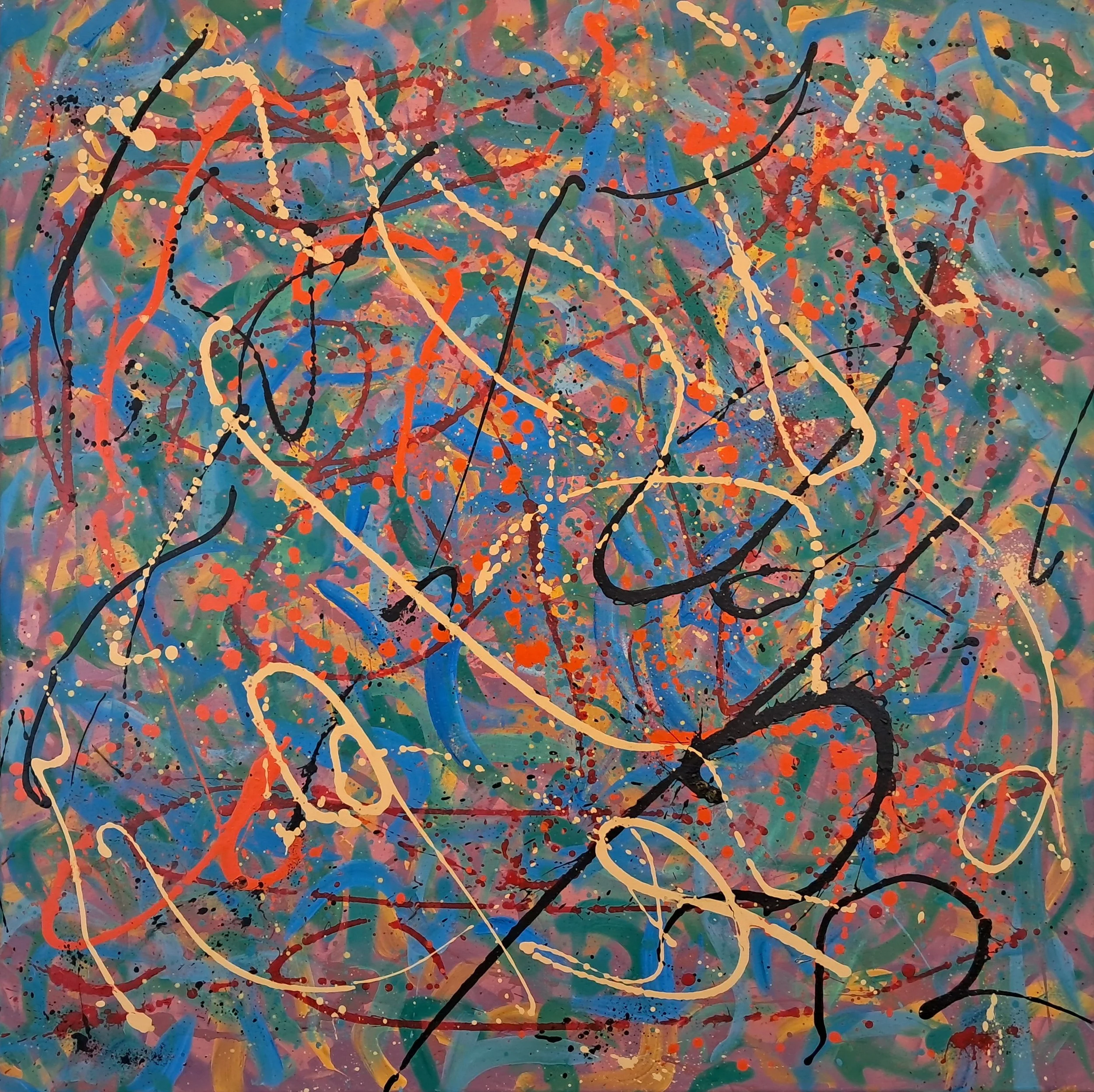 "Whirligig", 36"x36", oils atop acrylics, completed June of 2024, for a suggested purchase amount of $700