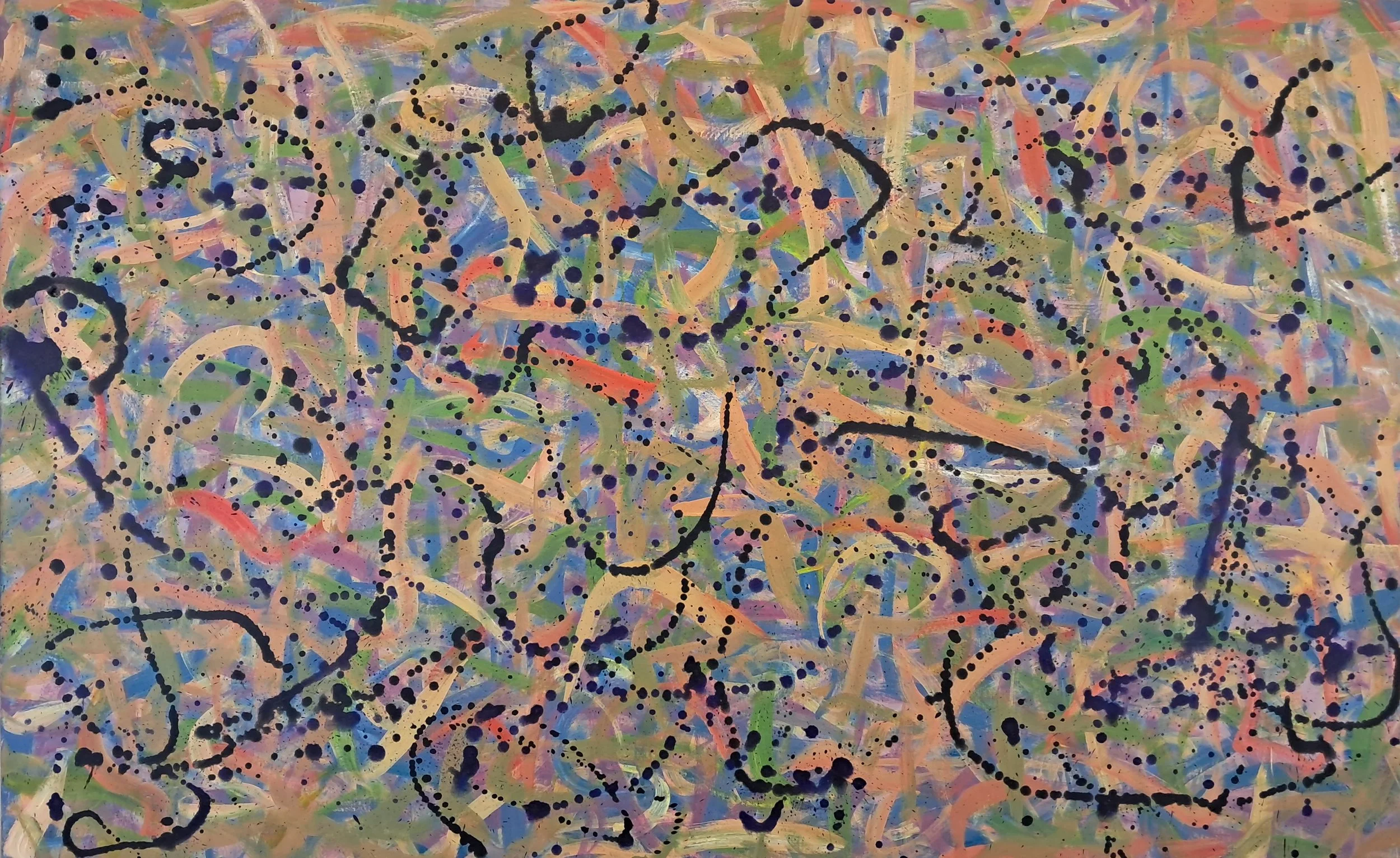 "Blackberries, Blueberries, Bugs", 30"x48", oils atop acrylics, completed May of 2024, for a suggested purchase amount of $775