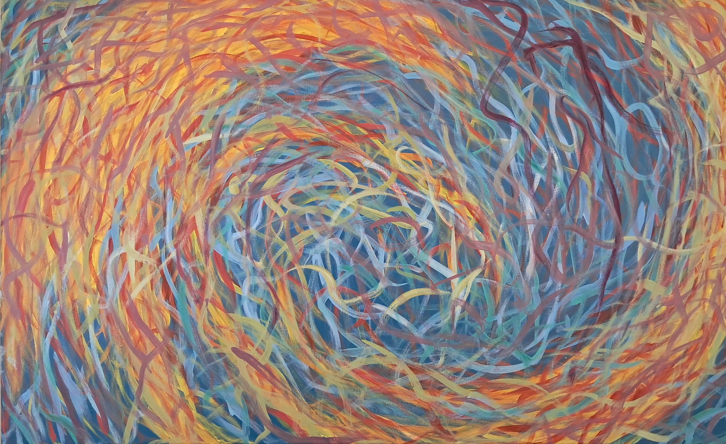 "Light & Color Embrace (as Aunt Mimi Passes)", 30"x48", oils atop acrylics, completed August of 2024, not available