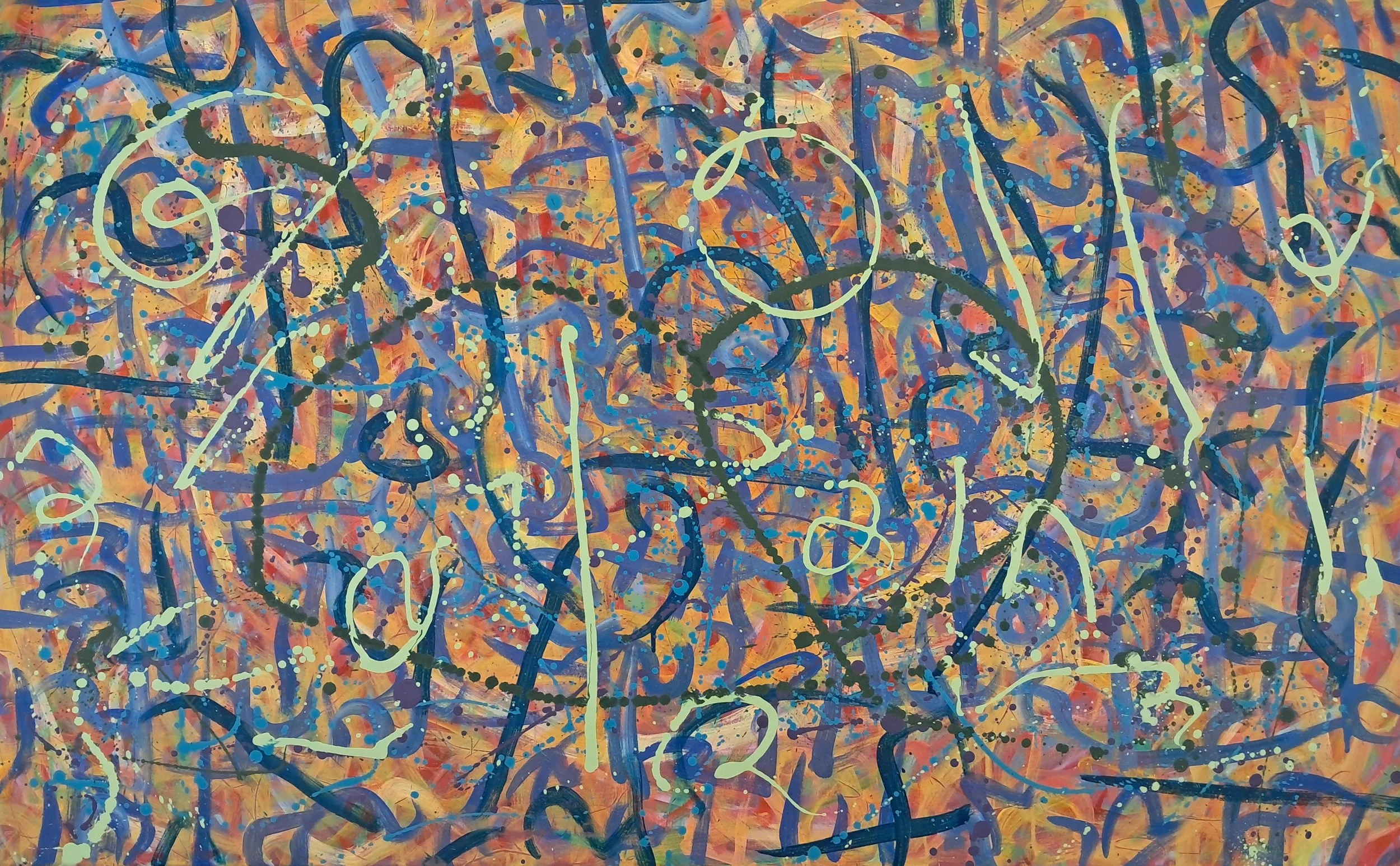 "Marching in Cooperative Nonconformation", 30"x48", oils atop acrylics, completed January of 2024, for a suggested purchase amount of $750