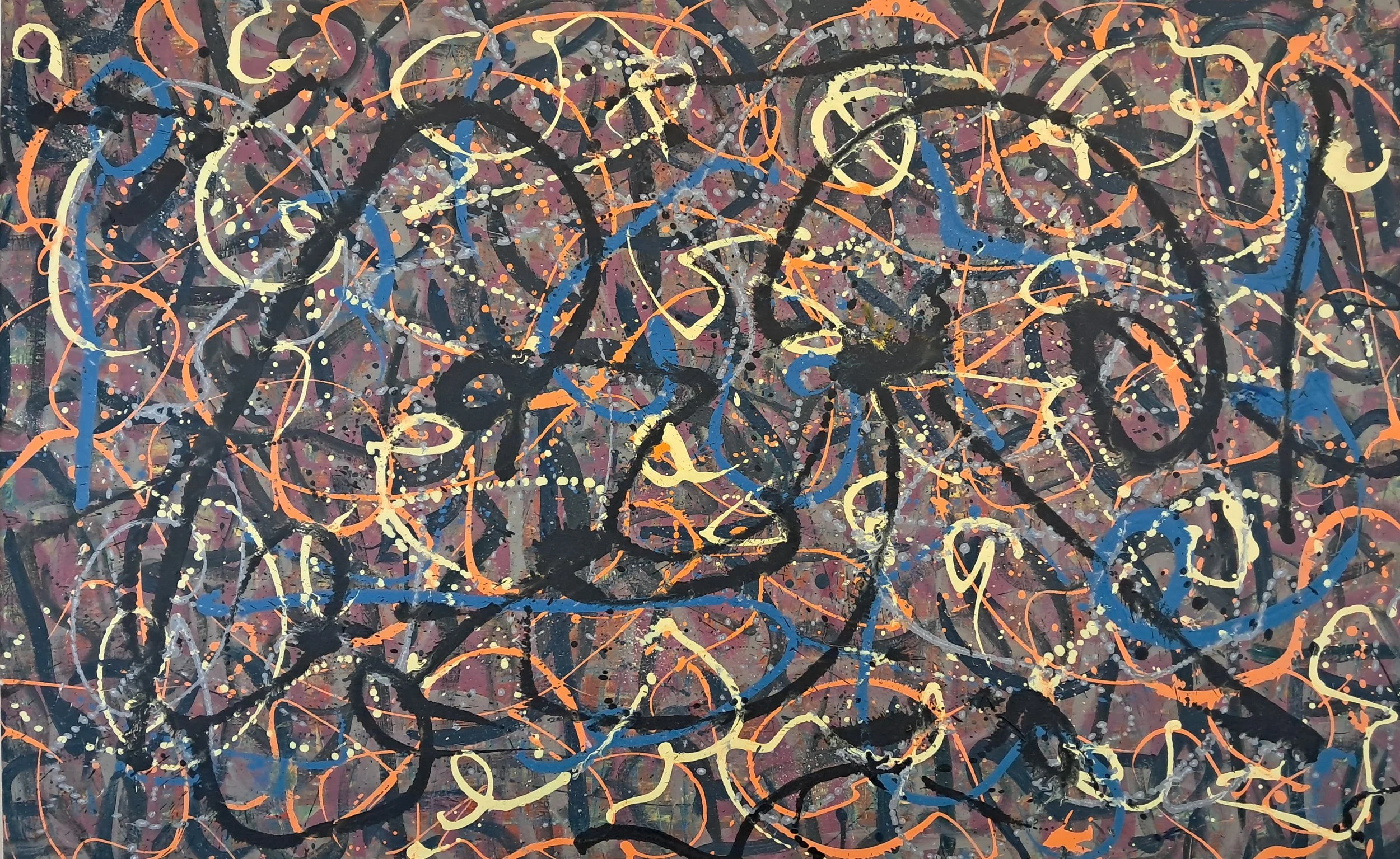 "Un Cafe Imbroglio", 30"x48", oils atop acrylics, completed February of 2024, for a suggested purchase amount of $775