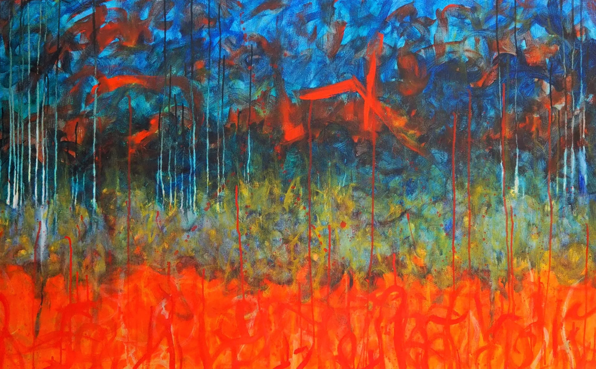 "Foreboding Times", oils over acrylics on canvas, 48"x30". completed May of 2022; for a suggested purchase amount of $700