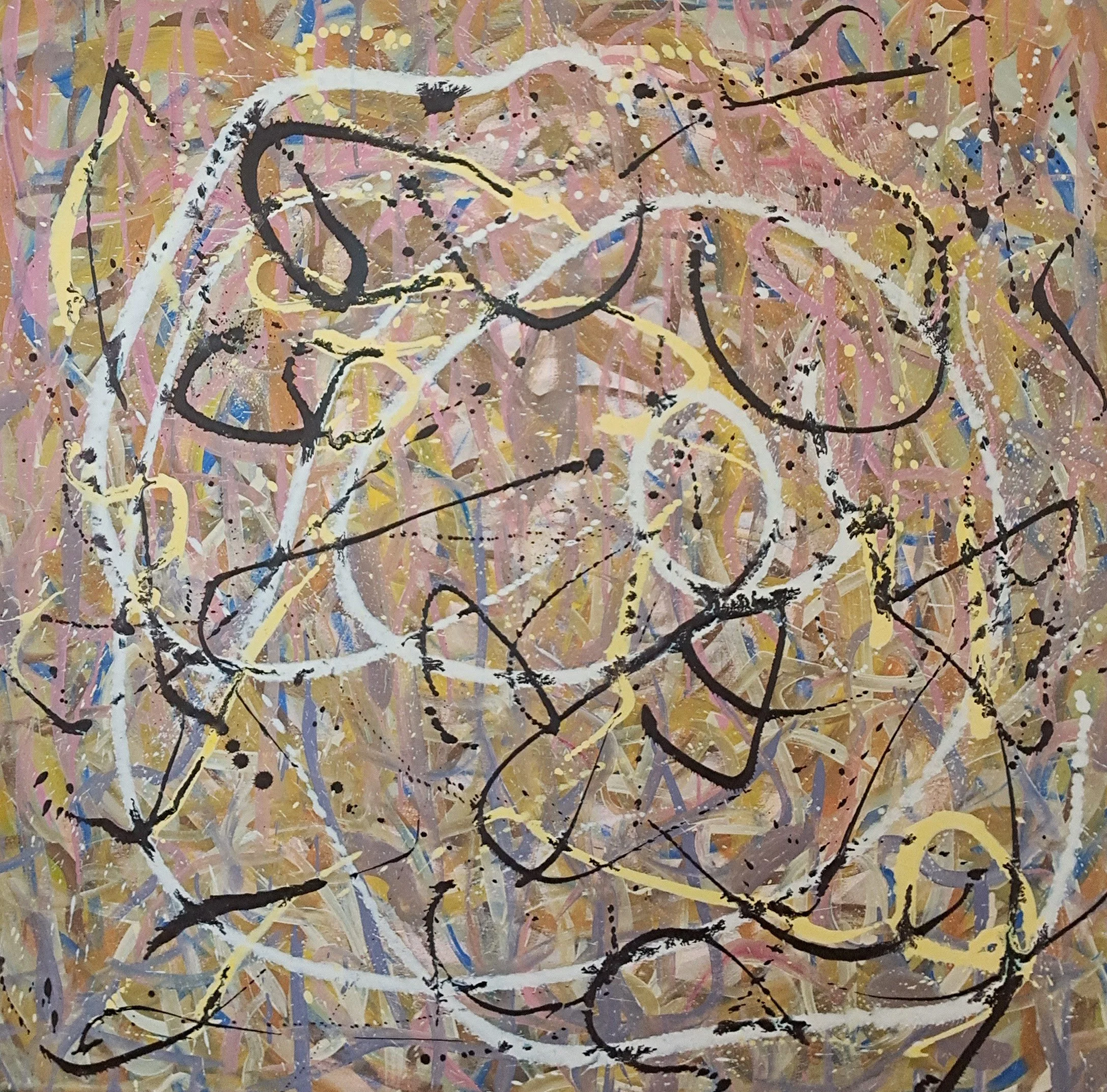 "Gender Entanglement Theory", 36"x36", oils atop acrylics, completed February of 2026, for a suggested purchase amount of $700