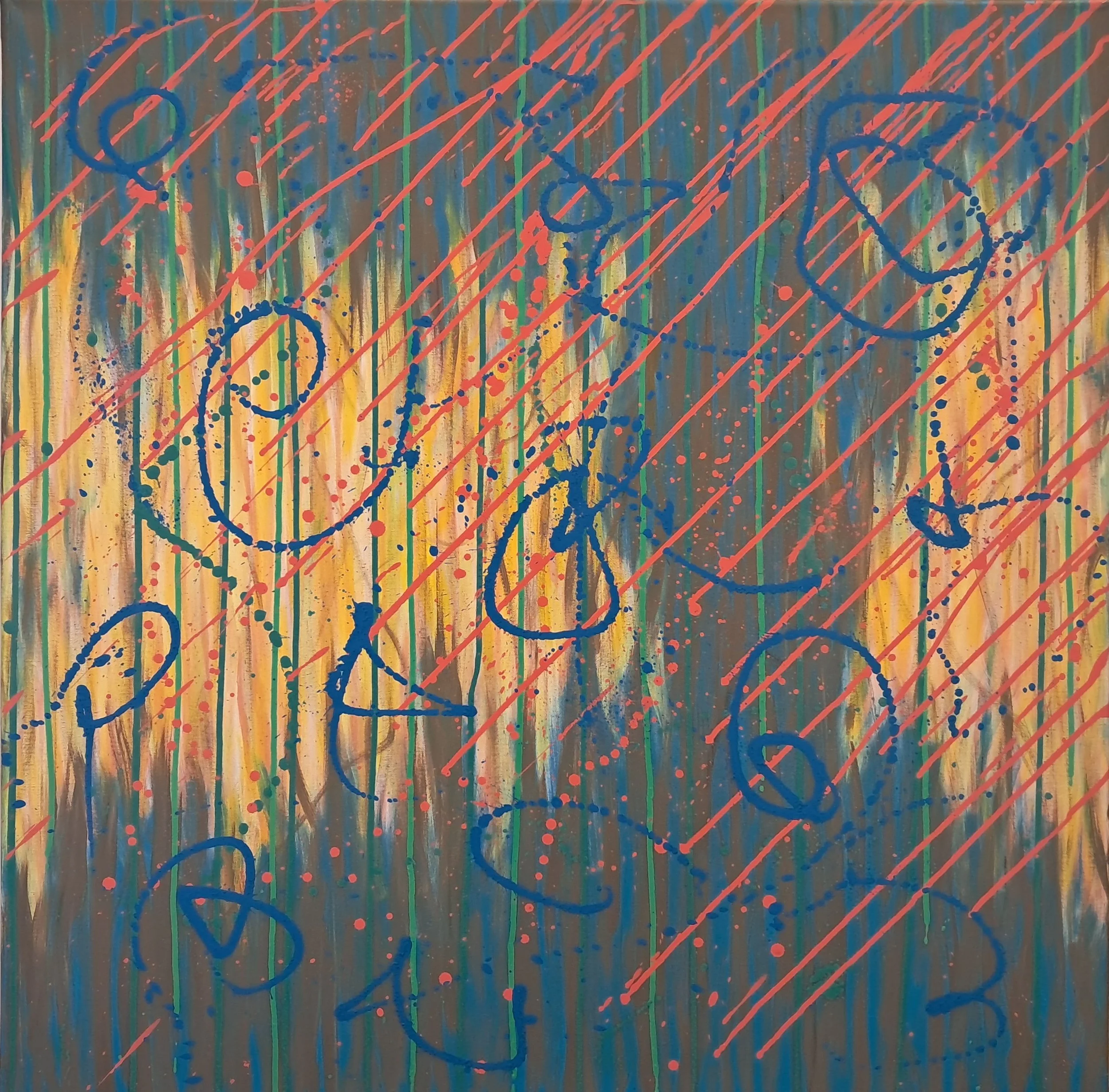"Rainy Day Play", 36"x36", oils atop acrylics, completed September of 2024, for a suggested purchase amount of $700