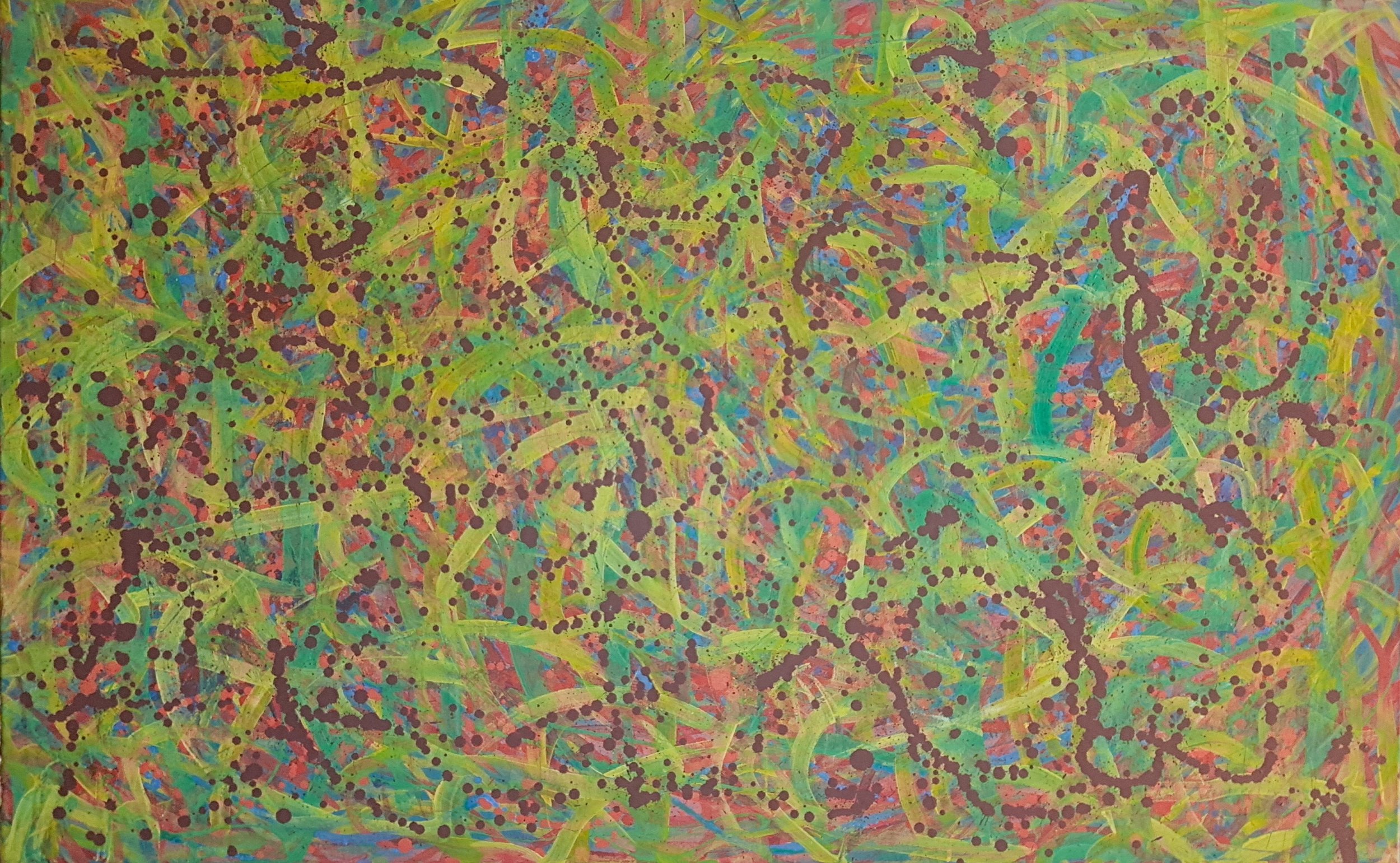 "Enter Eden", 30"x48", oils atop acrylics, completed March of 2025, for a suggested purchase amount of $725