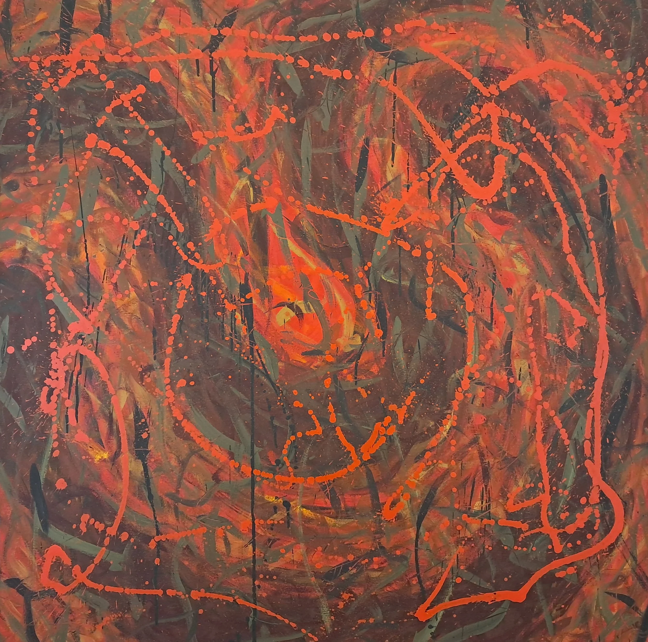 "Here There Be Dragons", 36"x36", oils atop acrylics, completed January of 2024, for a suggested purchase amount of $675