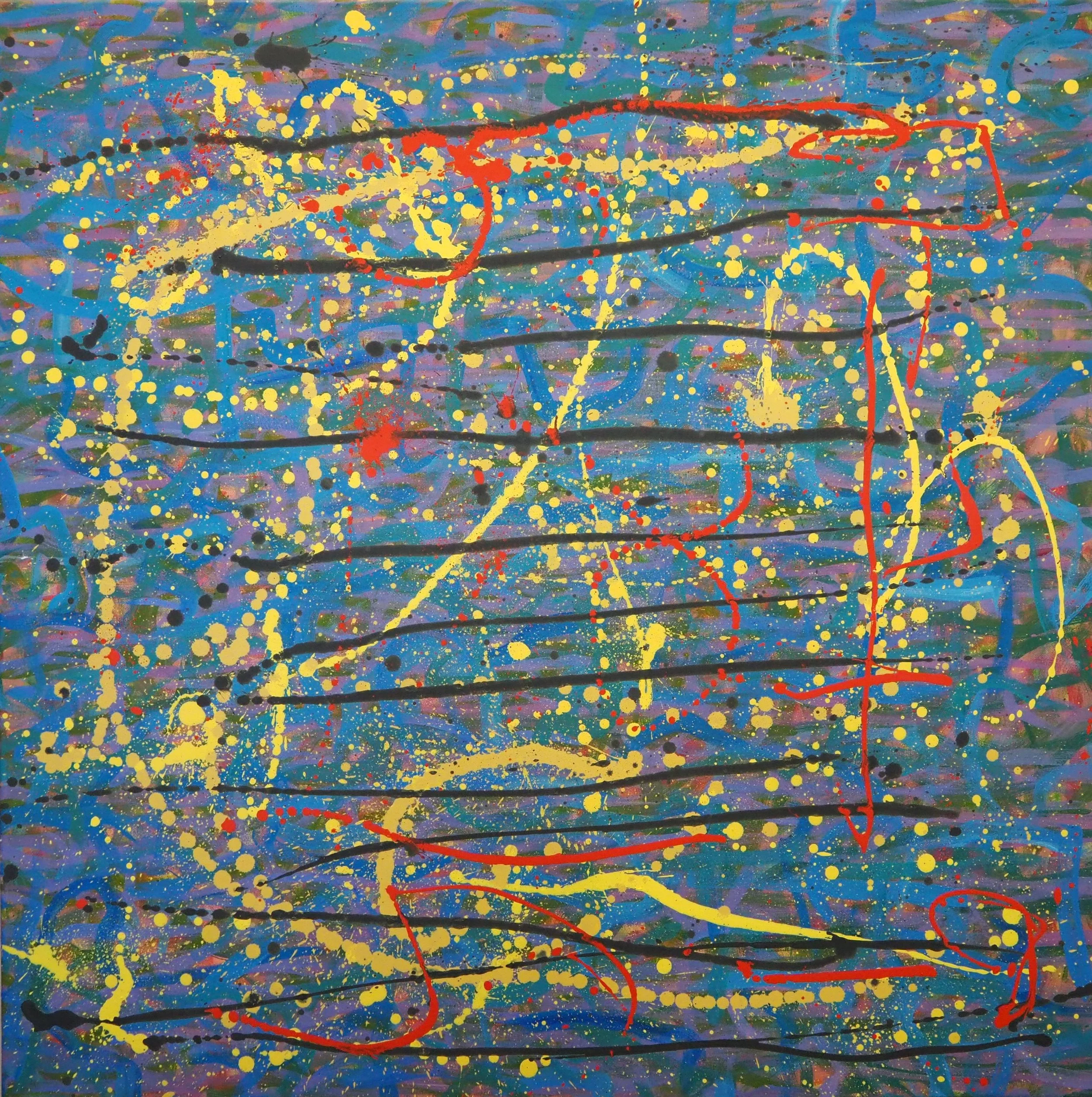 "Twelve Line Riddle", 36"x36", oils atop acrylics, completed September of 2023, for a suggested purchase amount of $675