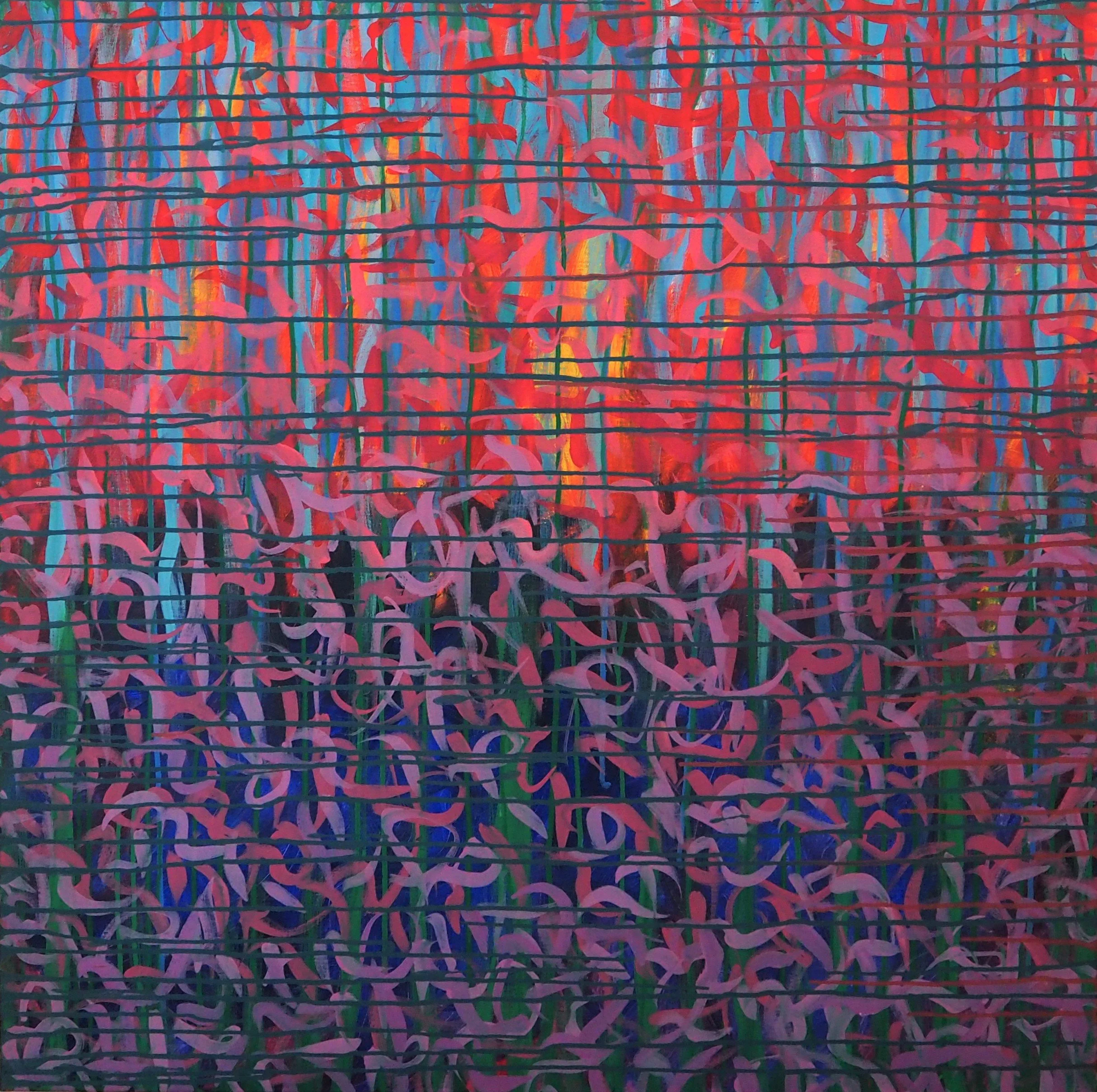 "In a Jacquard Mood", oils over acrylics on canvas, 36"x36". completed July of 2022; for a suggested purchase amount of $675