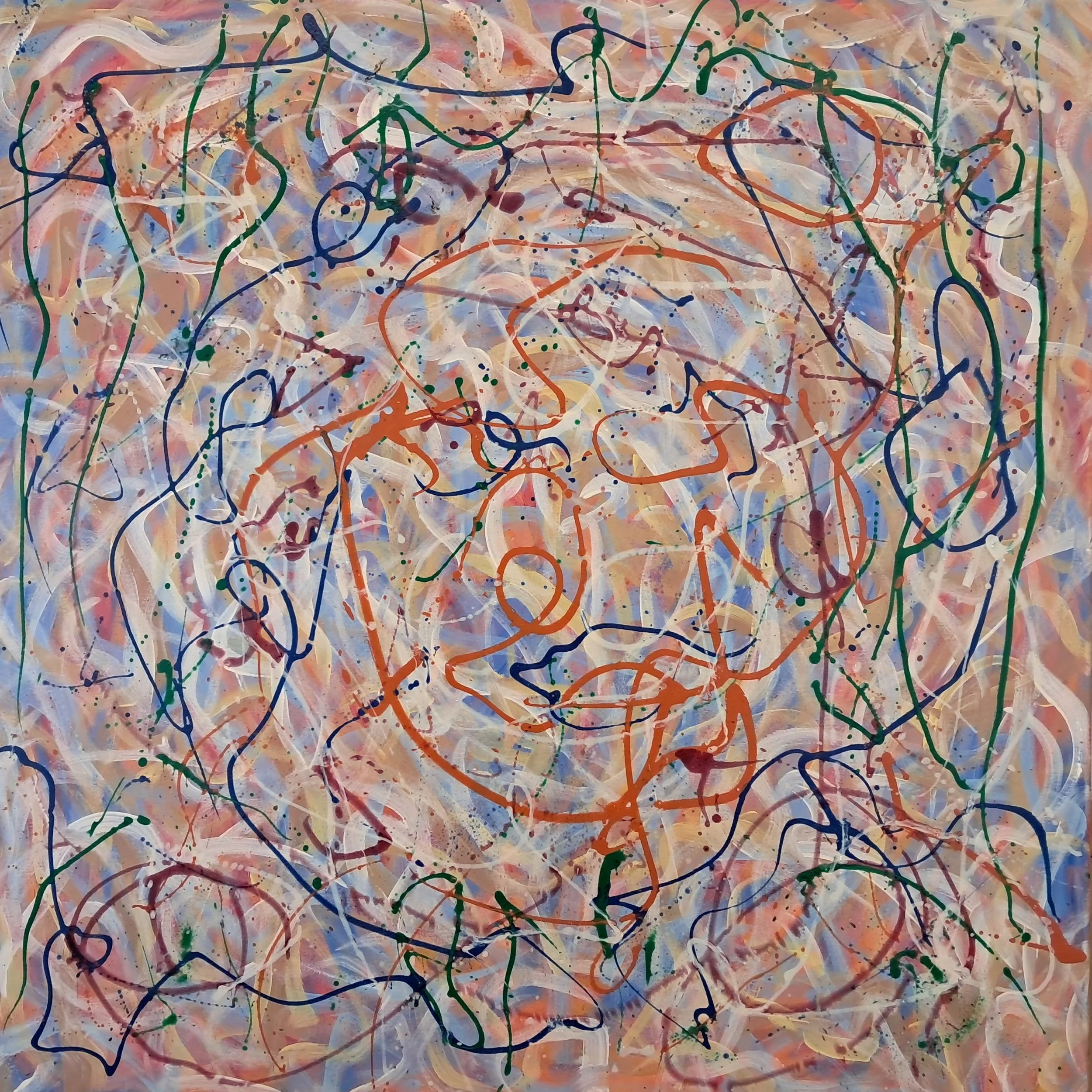 "Garden Sprites Cavort", 36"x36", oils atop acrylics, completed October of 2024, for a suggested purchase amount of $700