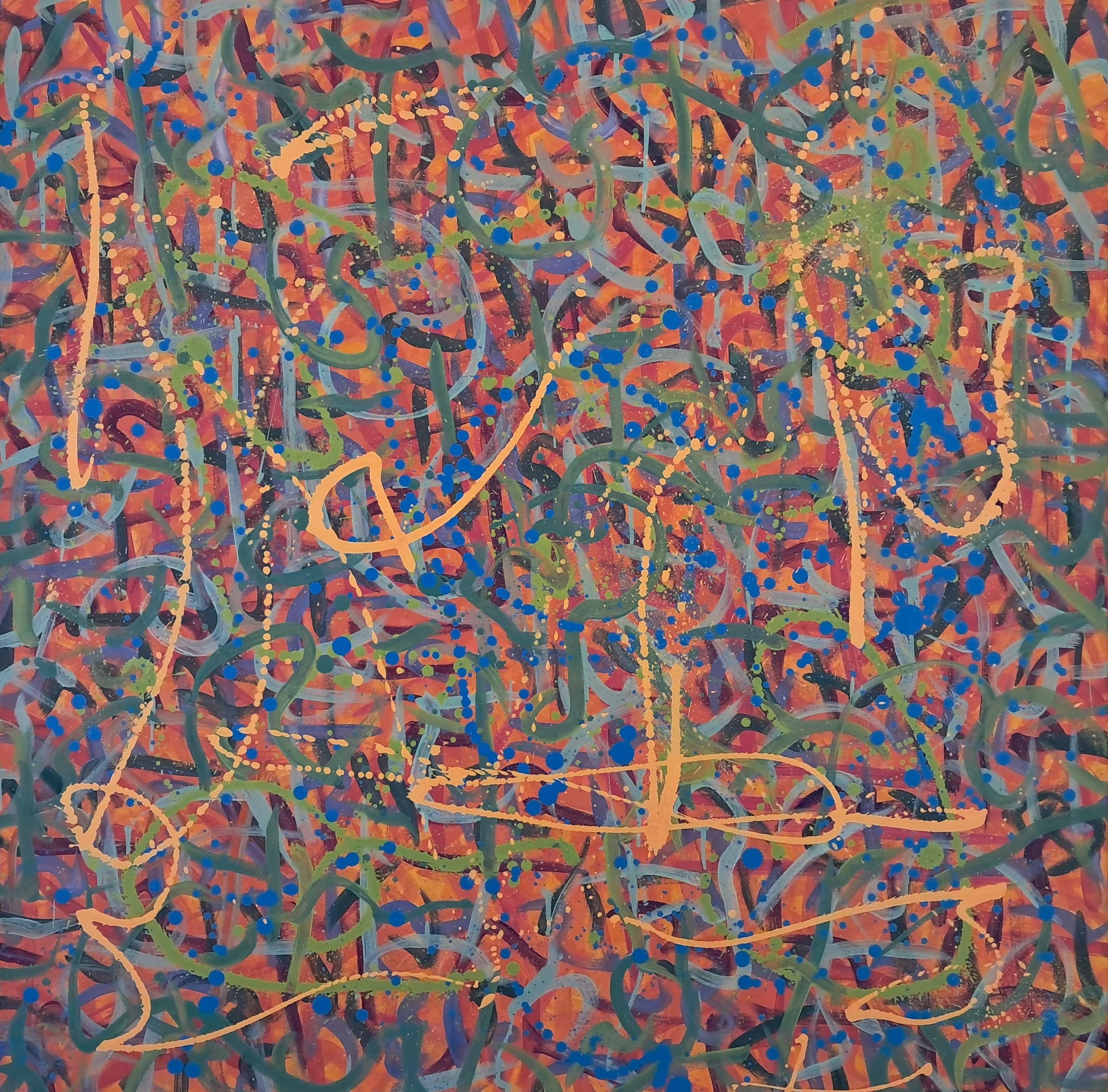 "Wassail", 36"x36", oils atop acrylics, completed November of 2023, for a suggested purchase amount of $700