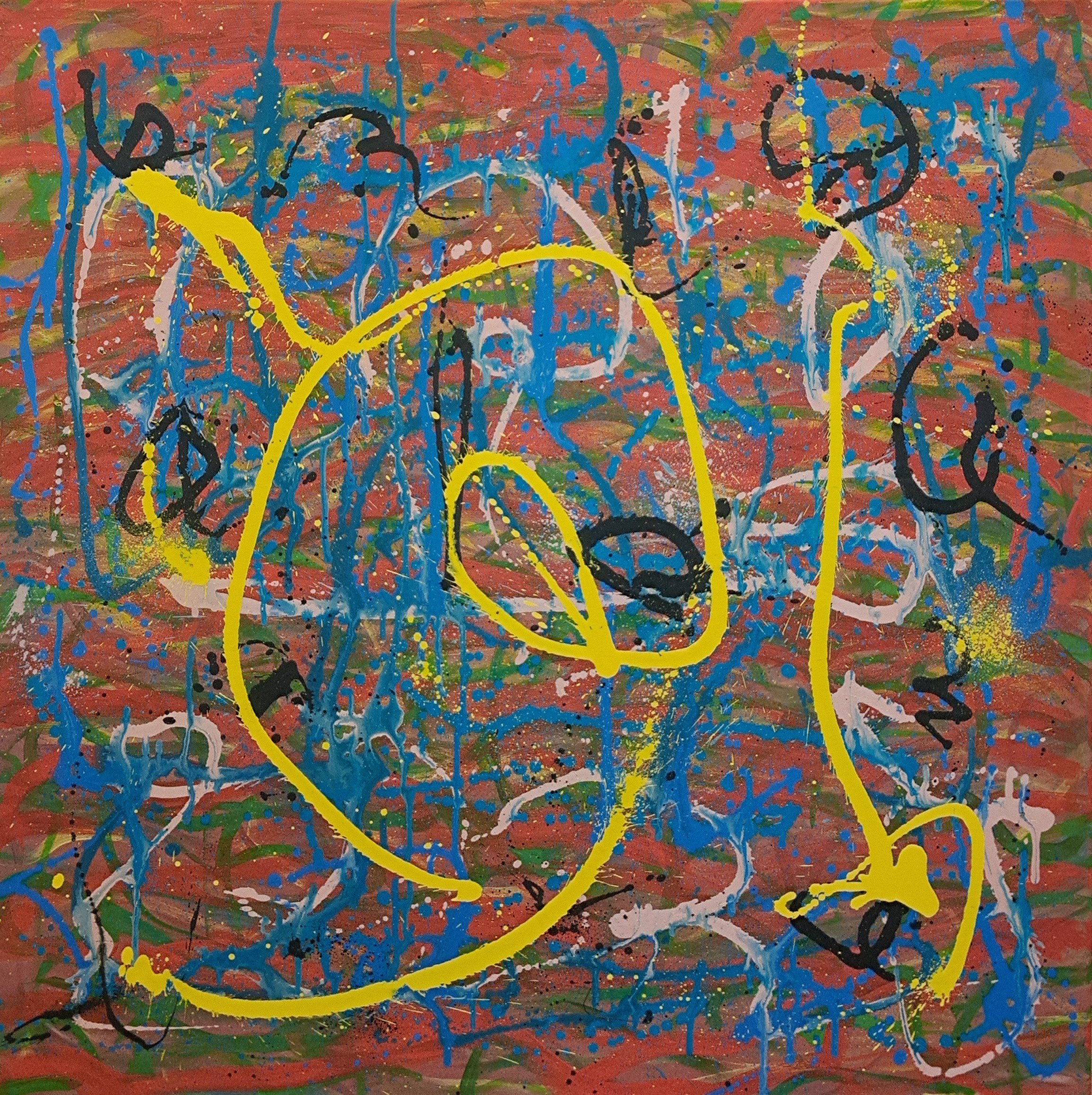 "Peripheral Blues", 36"x36", oils atop acrylics, completed January of 2025, for a suggested purchase amount of $725