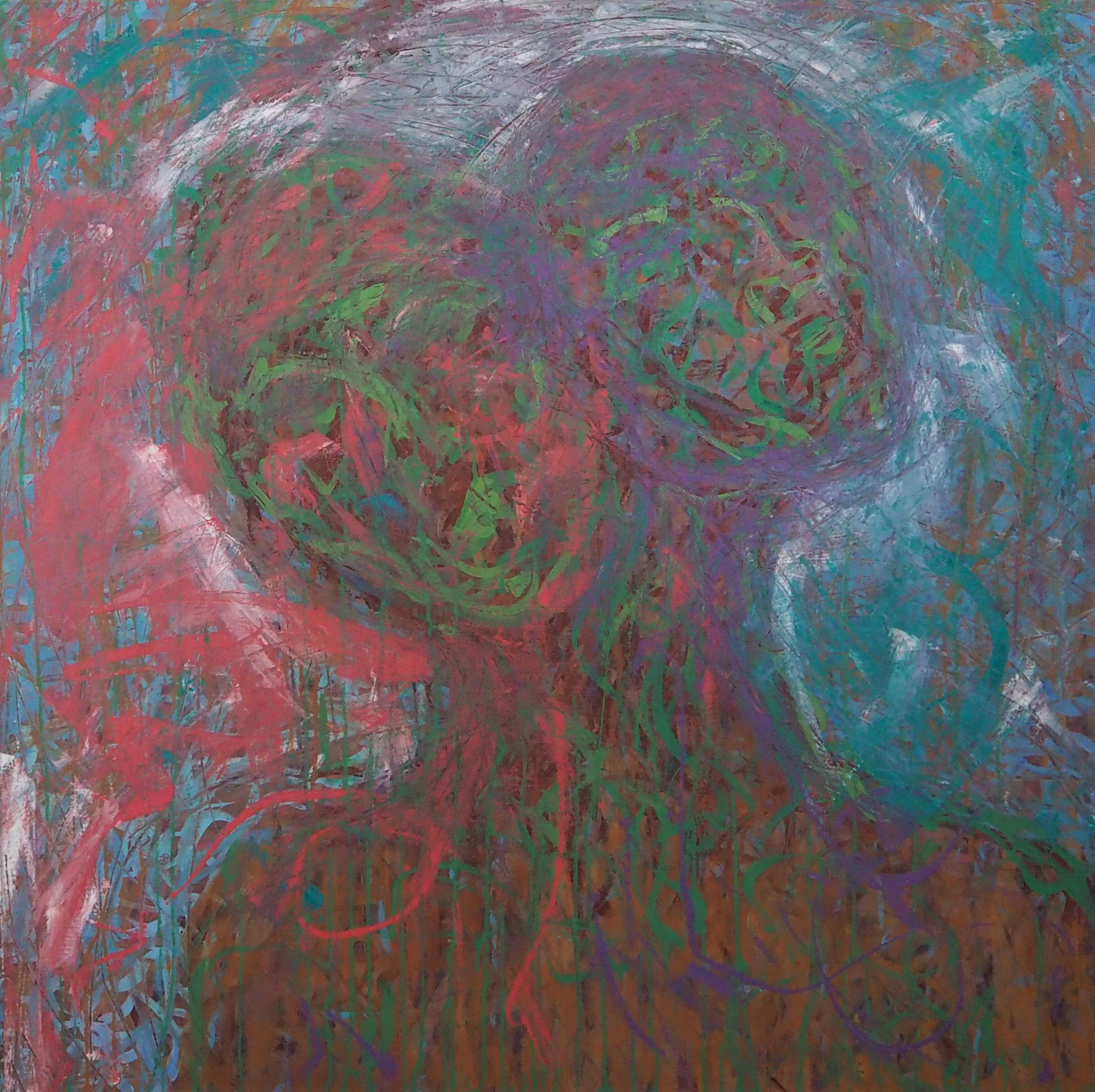 "Of Two Minds", oils atop acrylics on canvas, 36"x36", completed July of 2022; for a suggested purchase amount of $350