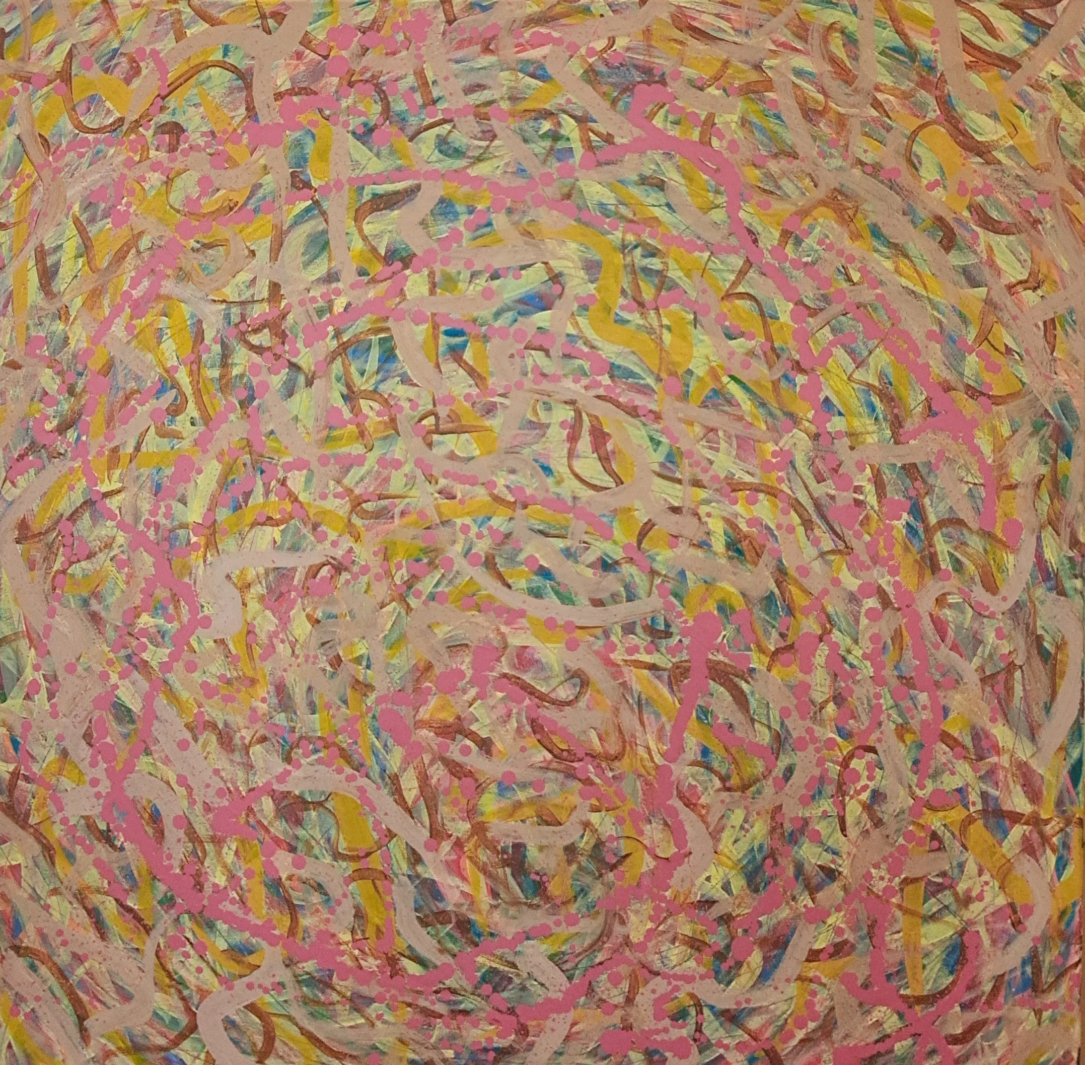 "Dervish", 36"x36", oils atop acrylics, completed May of 2025, for a suggested purchase amount of $600