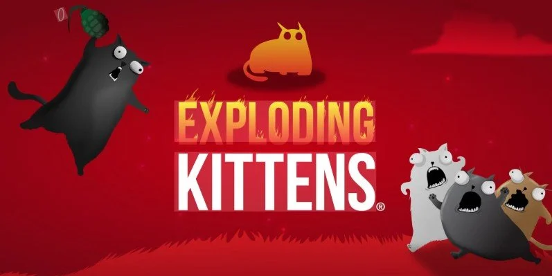 A digital illustration from the game Exploding Kittens featuring a black bat with glasses and a bomb on its head flying below an orange bomb-shaped creature, with three exploding kittens on the right side and the Exploding Kittens logo in the center.