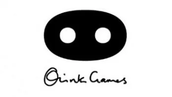 Logo with a black rounded rectangle with two white circles for eyes and the words 'Oink Games' below