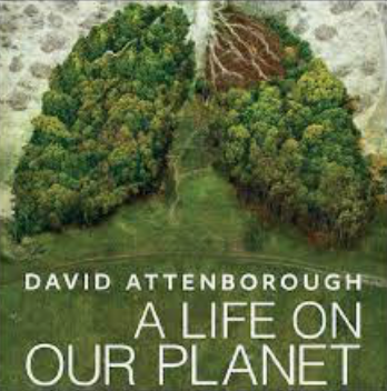 Aerial view of a forest shaped like lungs with text "David Attenborough A Life on Our Planet."