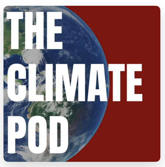 Earth image with large bold text 'The Climate Pod' on a red background.