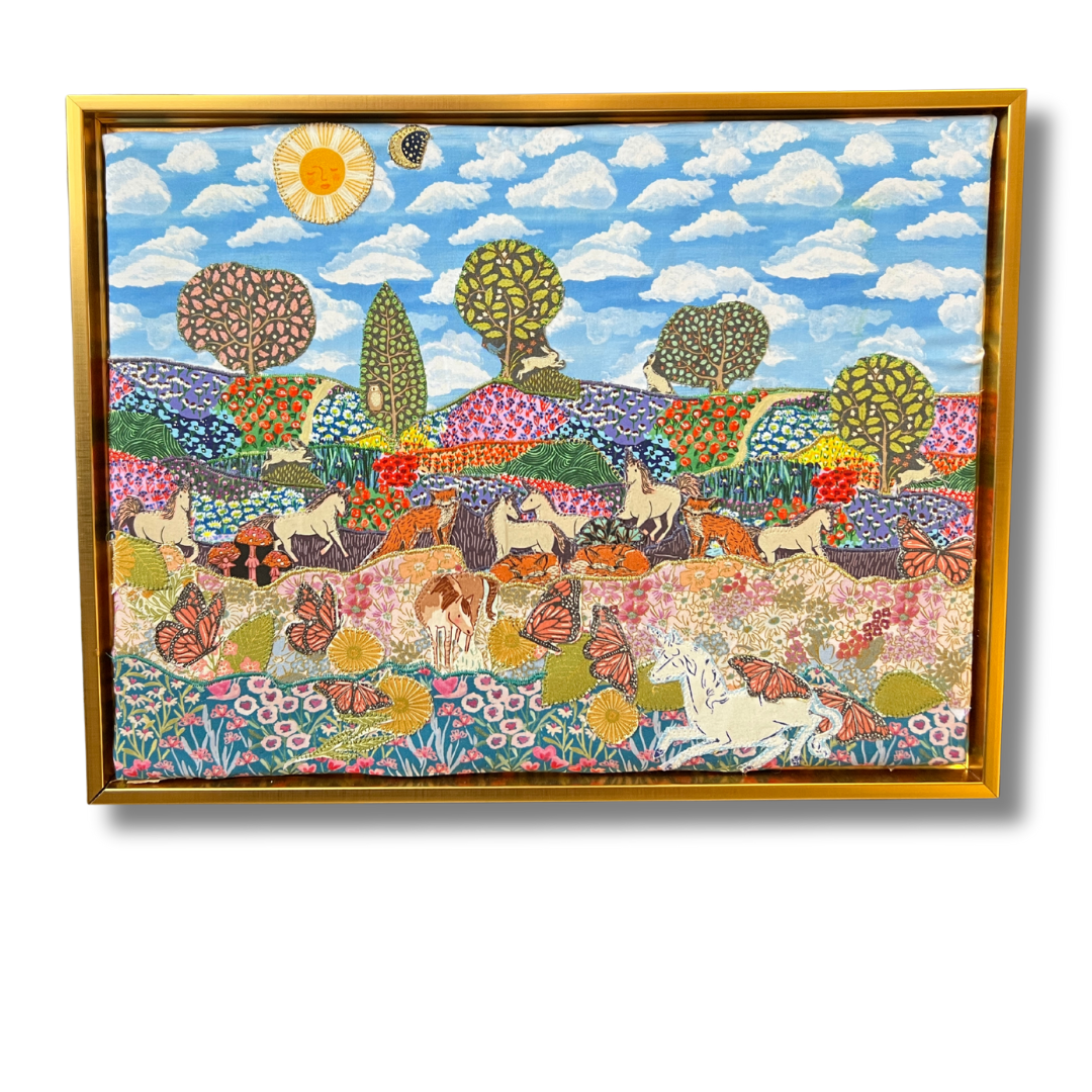 Fields of Flowers and Magic Fabric Collage Wall Art 12x16"