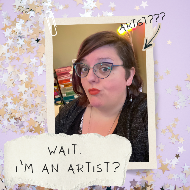 Lilac background with silver and gold glitter stars scattered about. Image of Jennifer Wolfe with a skeptical look under an arrow and text saying "Artist???" Title below is "Wait. I'm an Artist?"