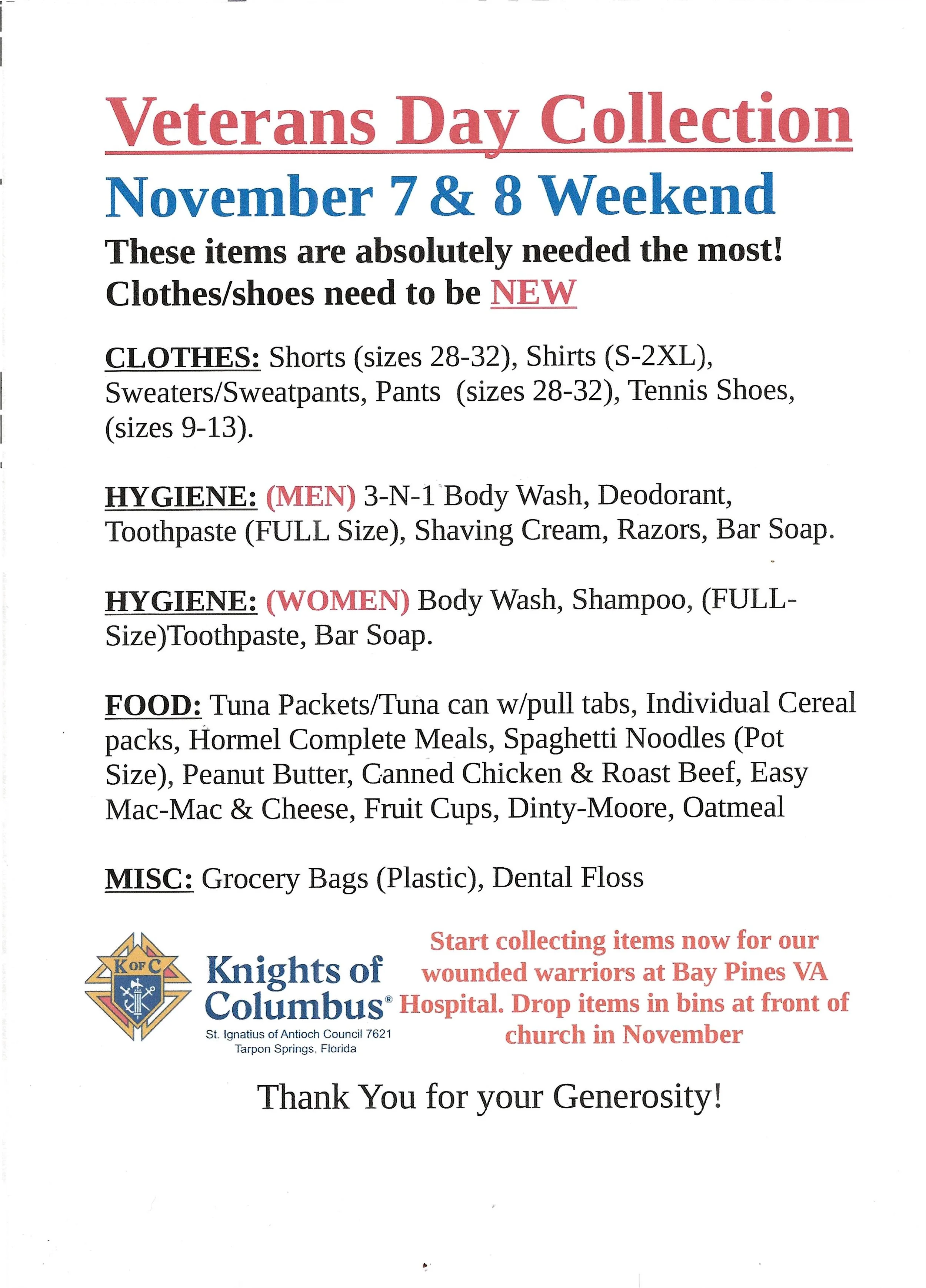 List of items needed by our Veterans