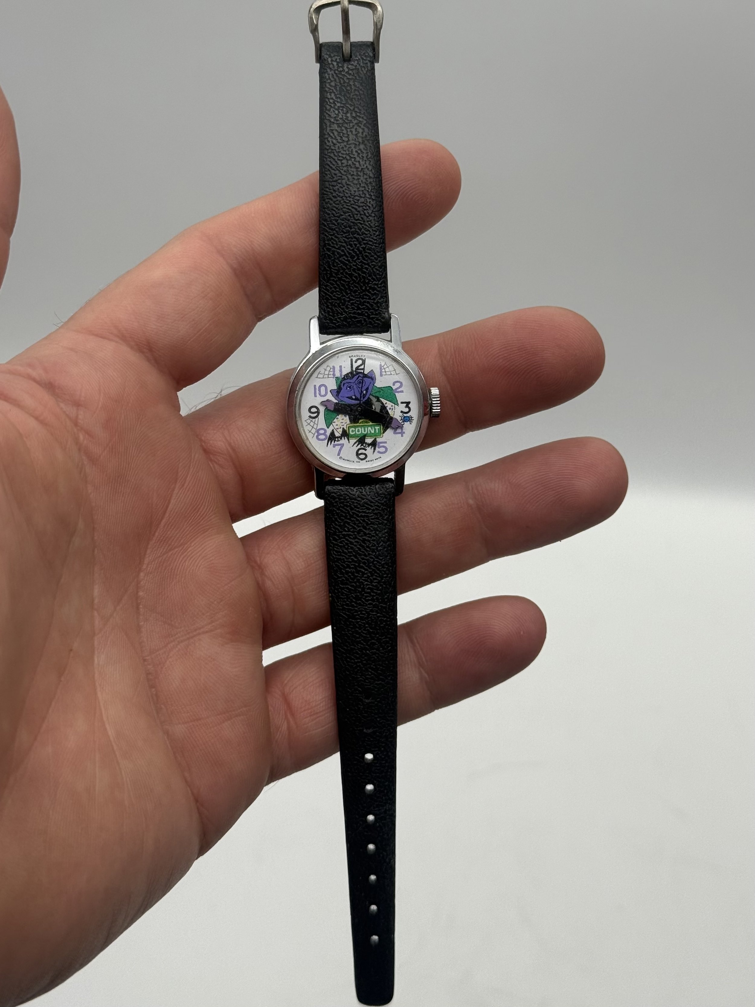 Count Von Count watch with its black leather strap