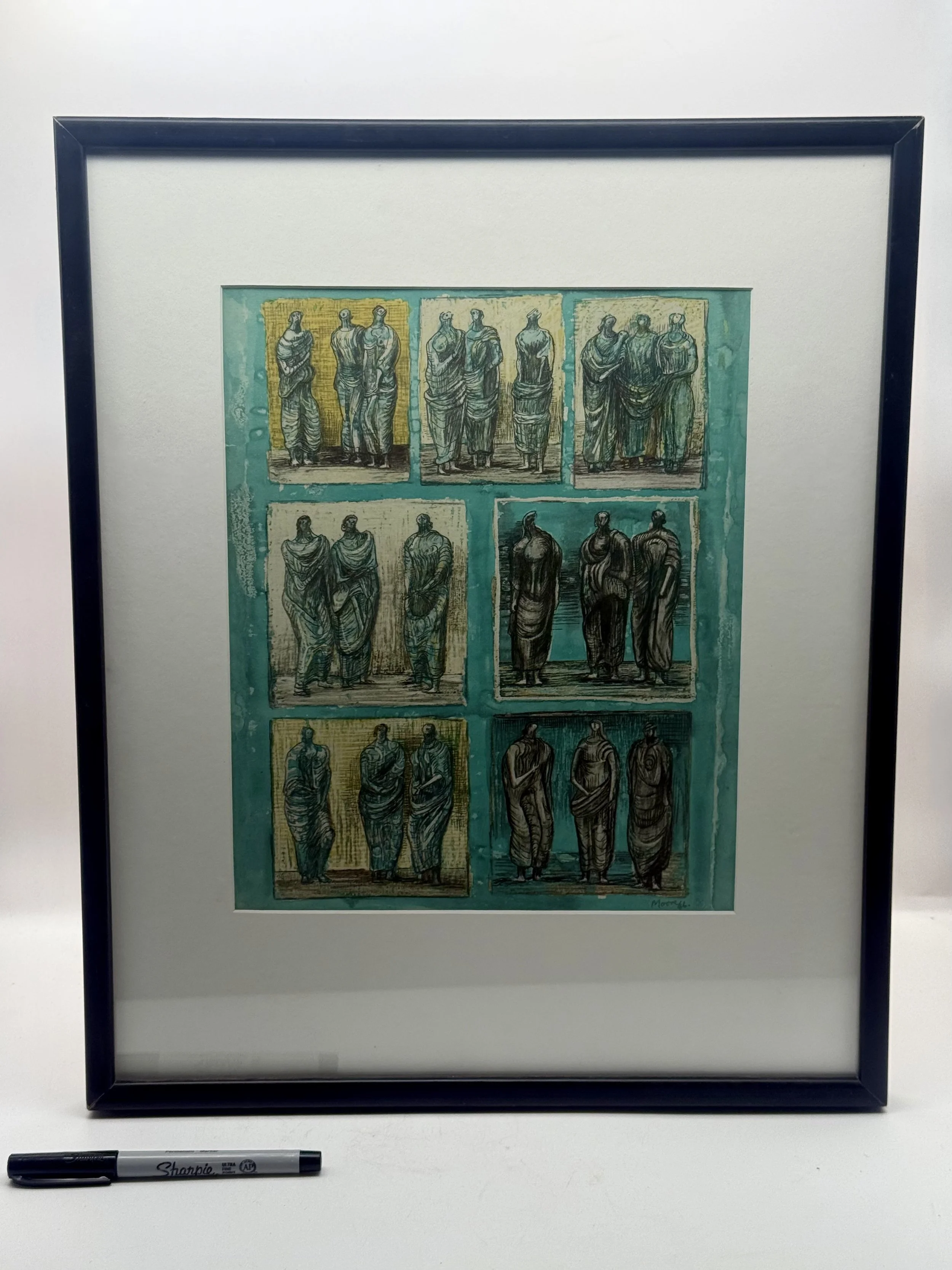 Framed Henry Moore Study of 3 Figures lithograph with marker for scale