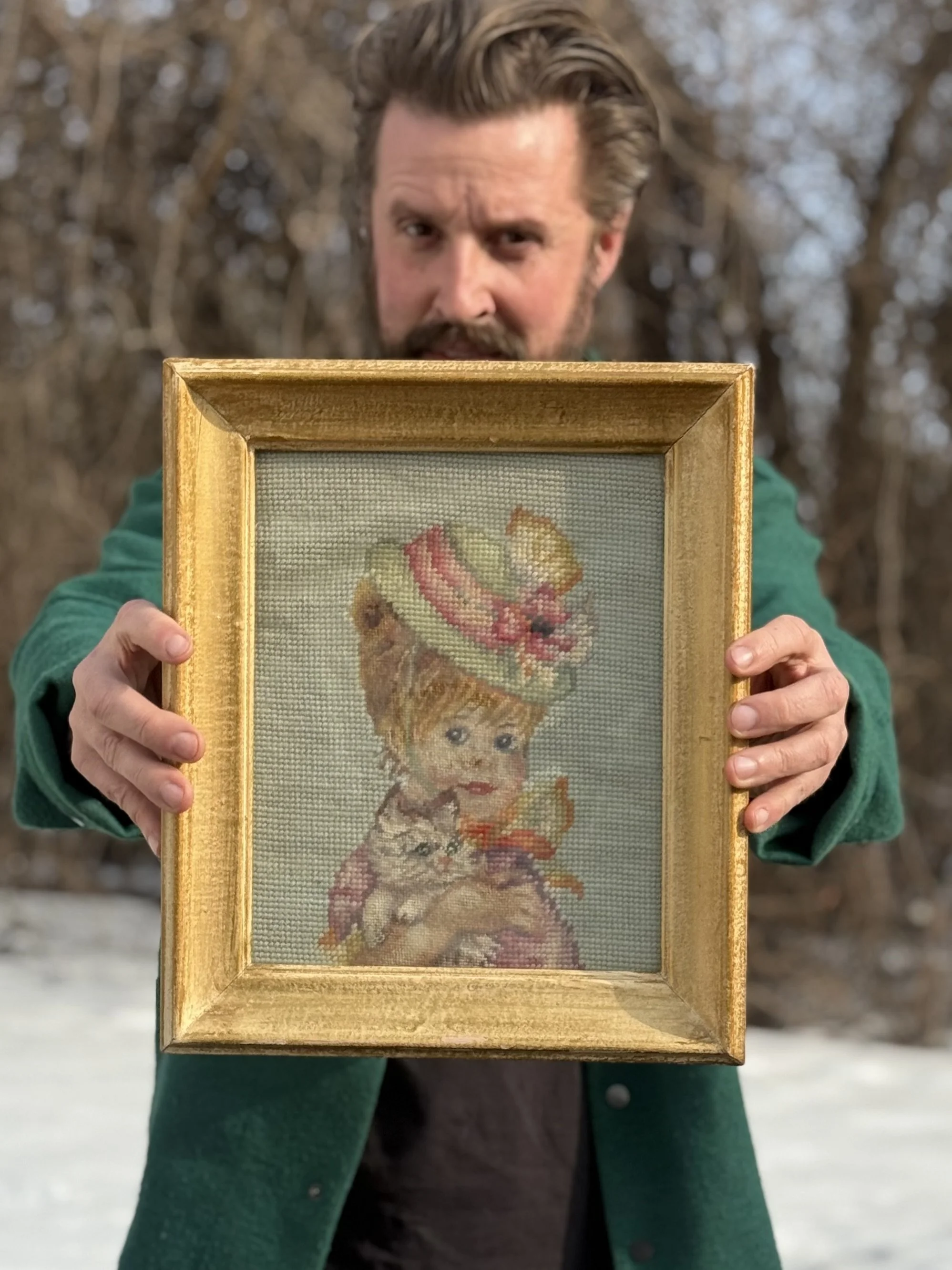 Child and Cat Needlepoint