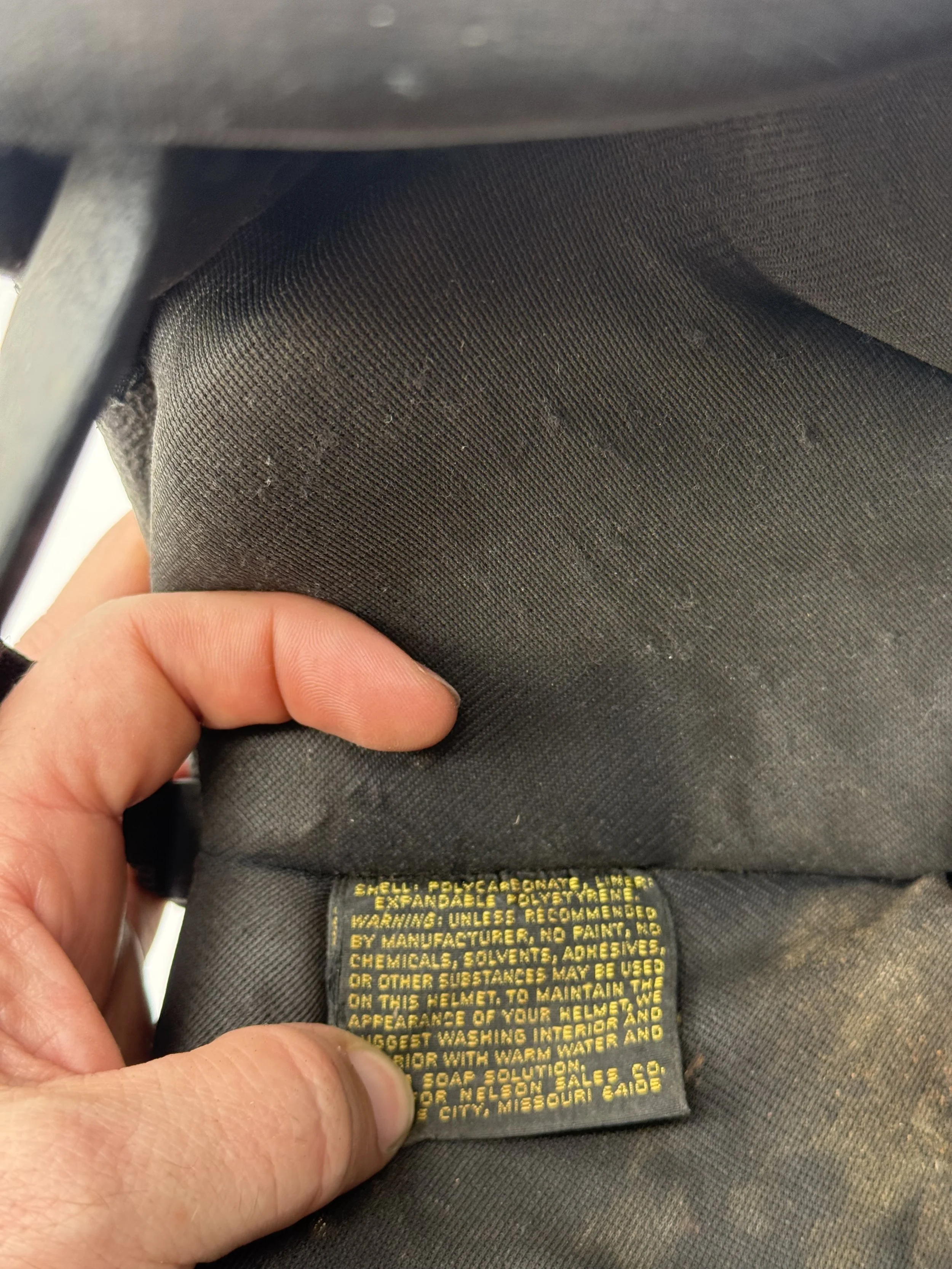 Close-up of the label inside the helmet liner