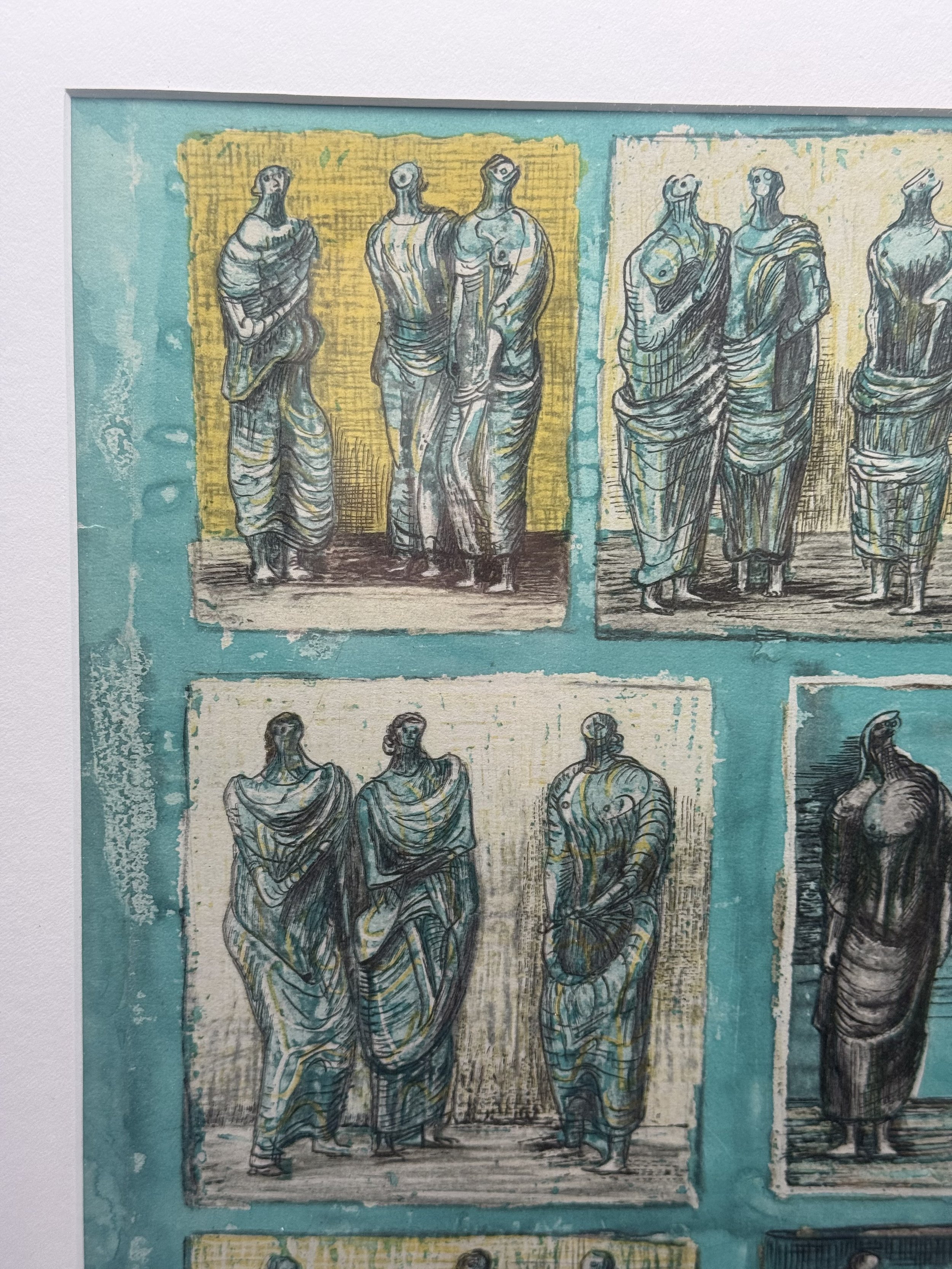 Detail of the teal and yellow figure studies in the Henry Moore lithograph