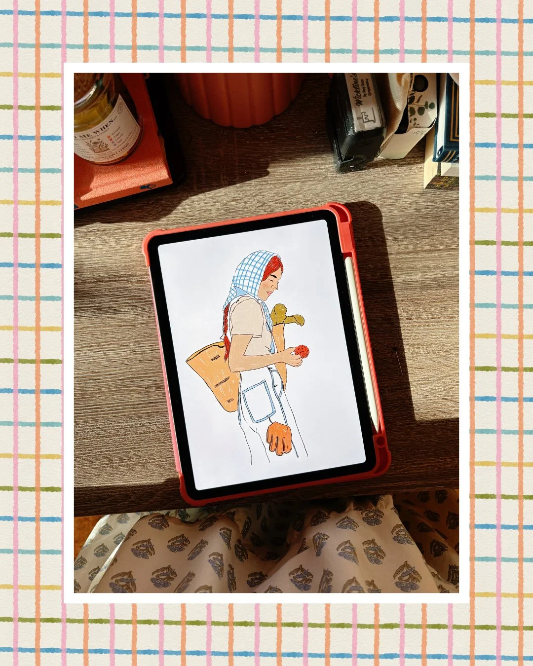 Overalls, a hair scarf, and a basket full of flowers sounds like the perfect summer get up!⁠
⁠
#warmupsketches #stickershop #farmhouseaesthetic #farmingillustration