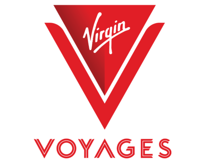 Virgin Voyages logo featuring a red and black stylized 'V' with the word 'Virgin' written inside and the word 'VOYAGES' below.