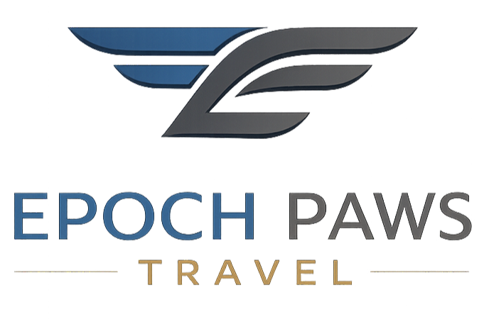 The image features a stylized logo with a large, sleek, black and gray winged letter Z at the top, and the text 'EPOCH PAWS TRAVEL' in colorful, bold letters below.