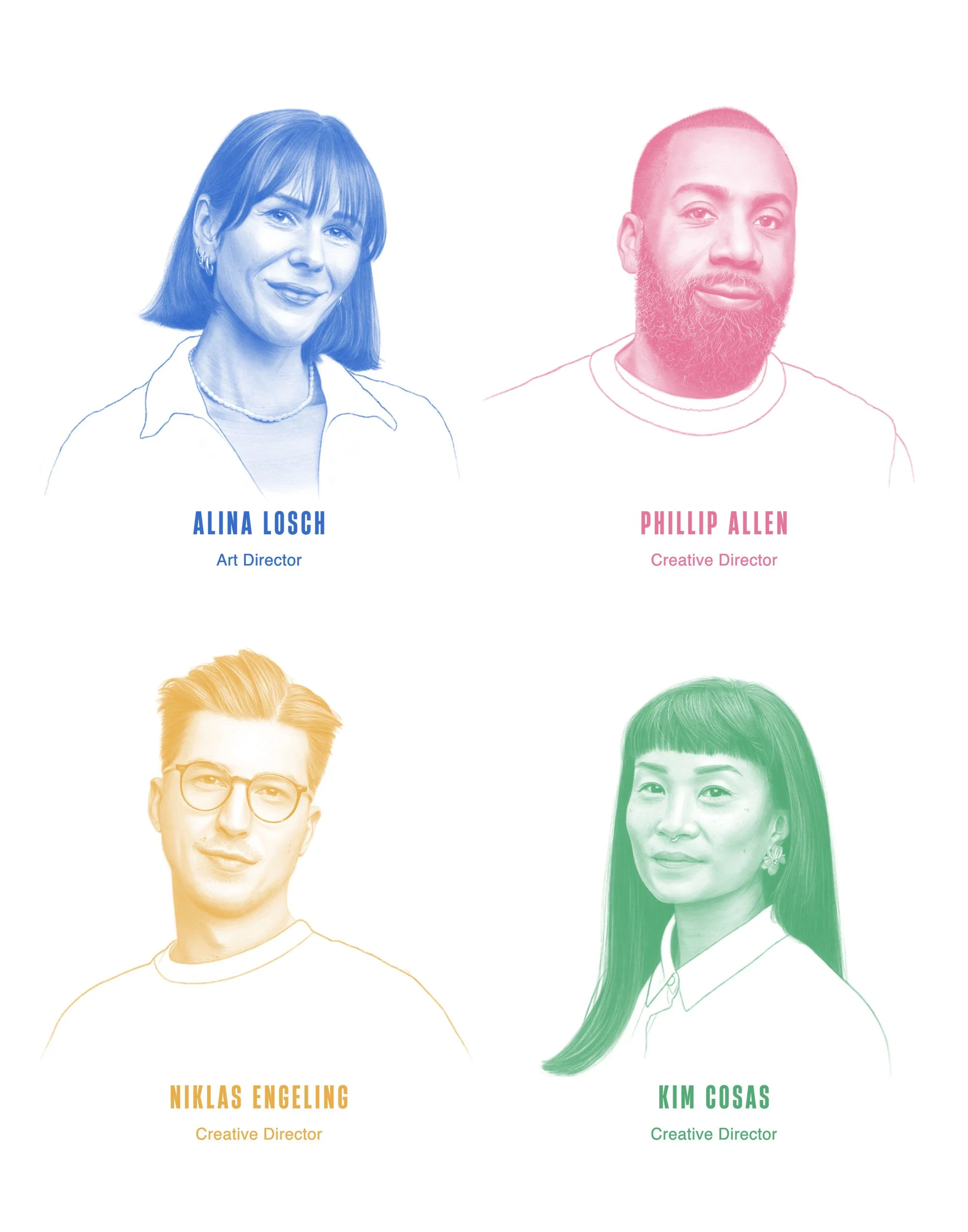 Illustrated portraits of contributors for Wallpaper Magazine by Dena Cooper 